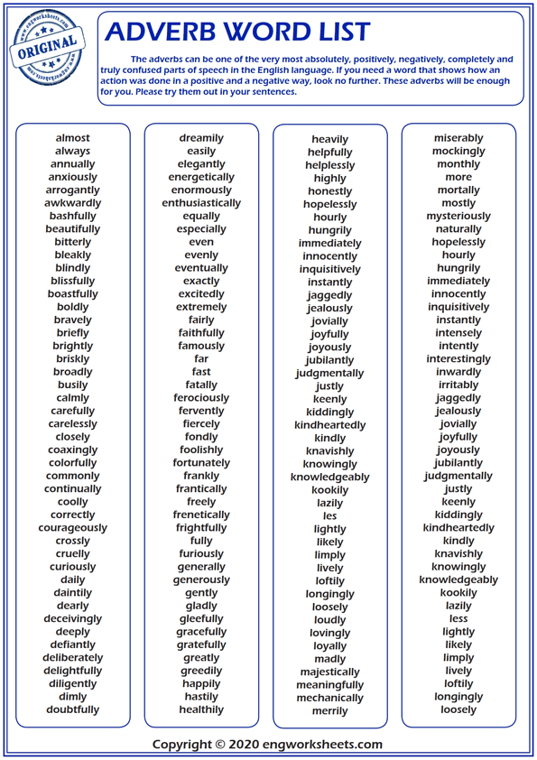  Adverb Word List 