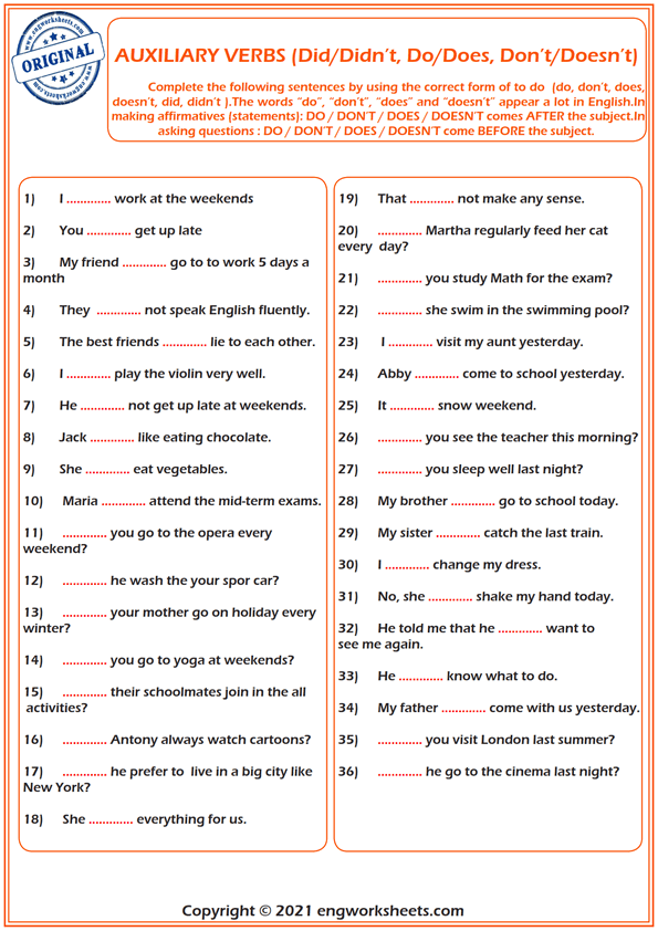  Auxiliary Verbs Did, Didnt, Do, Does, Dont, Doesnt Esl Exercise Worksheet For Kids 