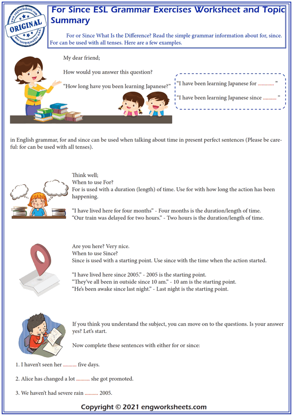  For Since Esl Grammar Exercises Worksheet And Topic Summary 