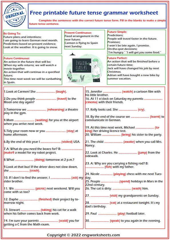  English Grammar Esl Future Tense Worksheet 