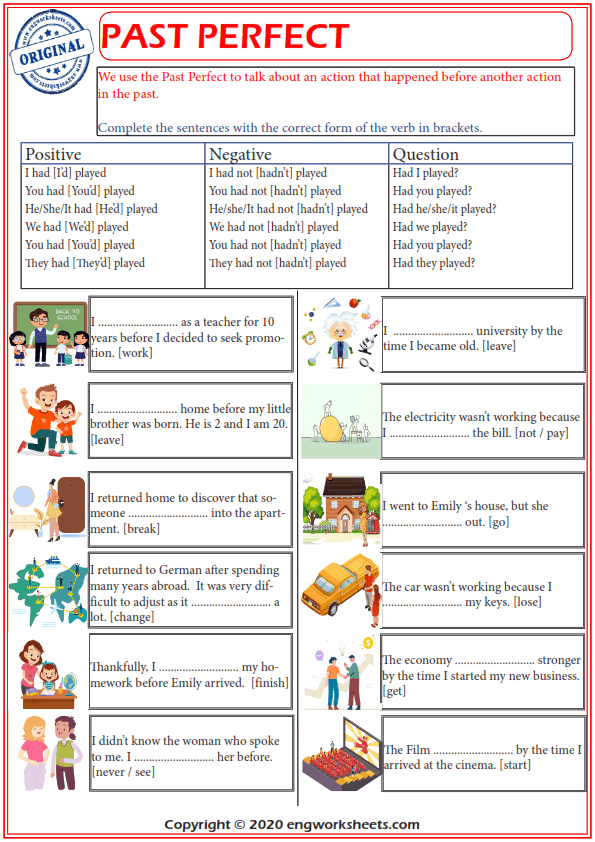  Past Perfect Exercises Esl Worksheets 