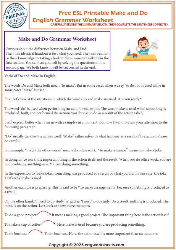  Free Esl Printable Make And Do Esl English Grammar Worksheet 