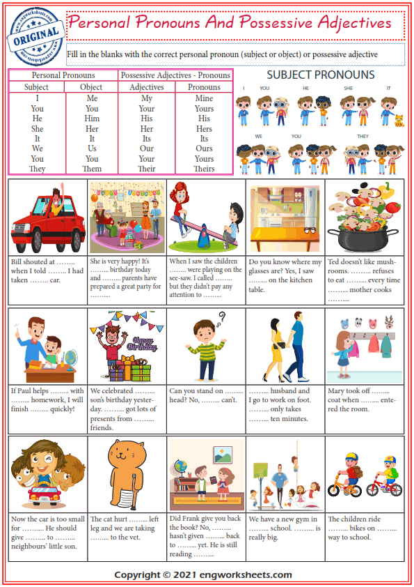  Personal Pronouns And Possessive Adjectives Exercises Esl Worksheet 