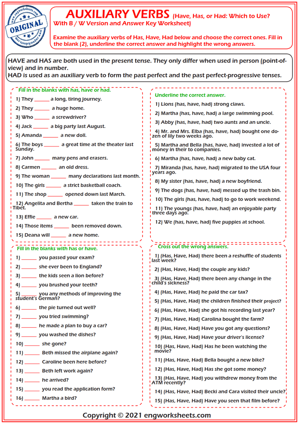  Auxiliary Verbs Has Have Had Esl Exercises Worksheet 