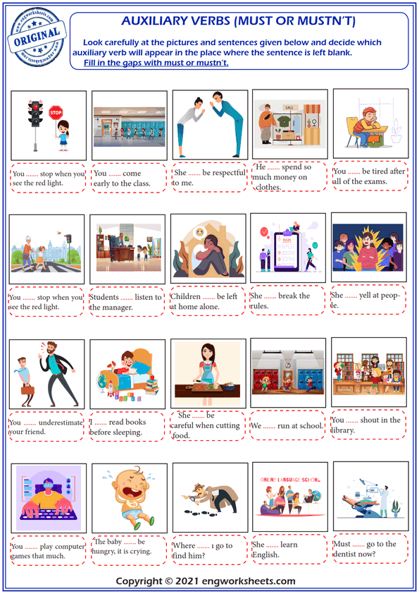  Auxiliary Verbs Must Or Mustn't Esl Exercise Worksheet For Kids 