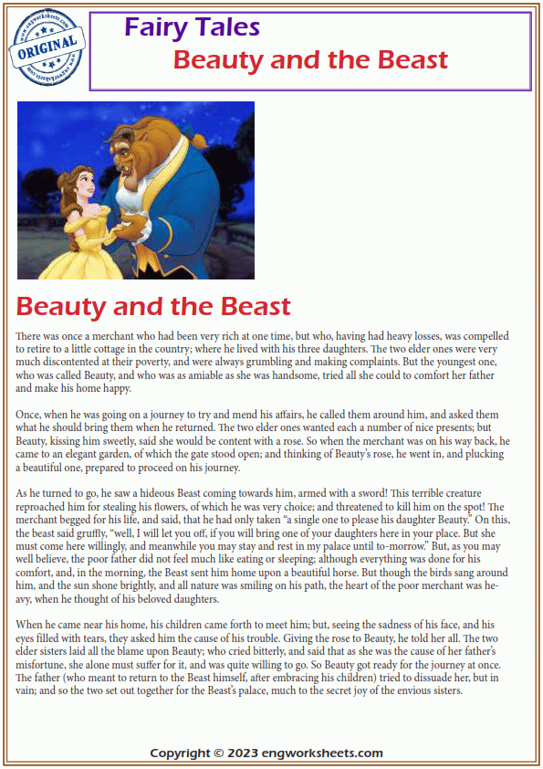 Beauty and the Beast Exercises, Free Printable Beauty and the Beast ESL