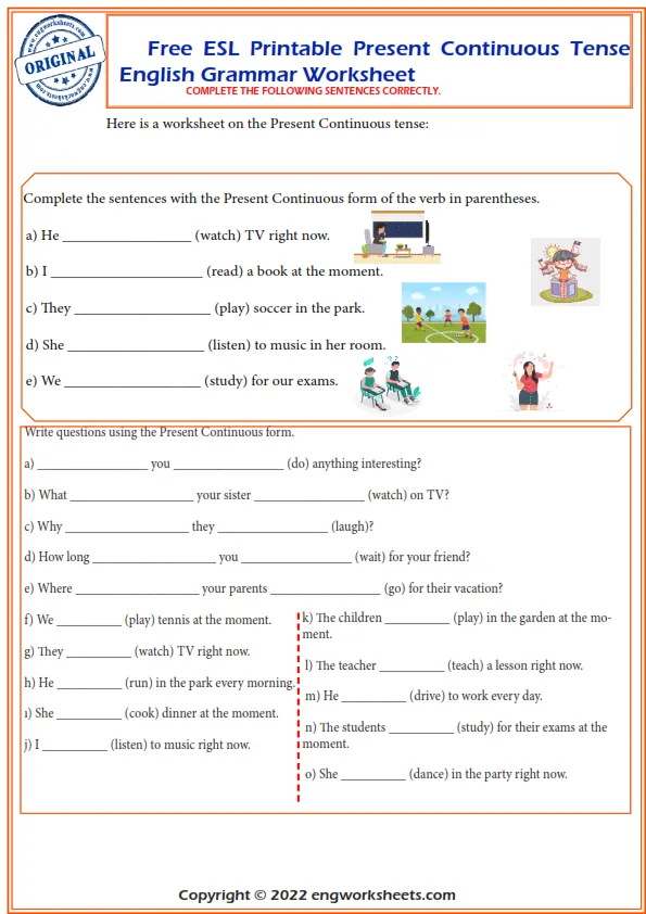 Free Esl Printable Present Continuous Tense English Grammar Worksheet 