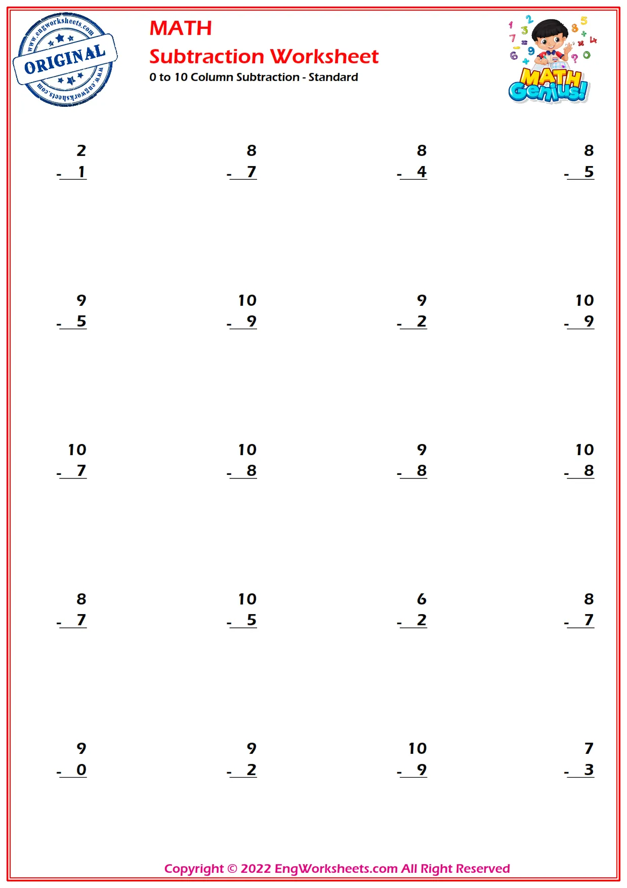 0 to 10 Column Subtraction - Standard