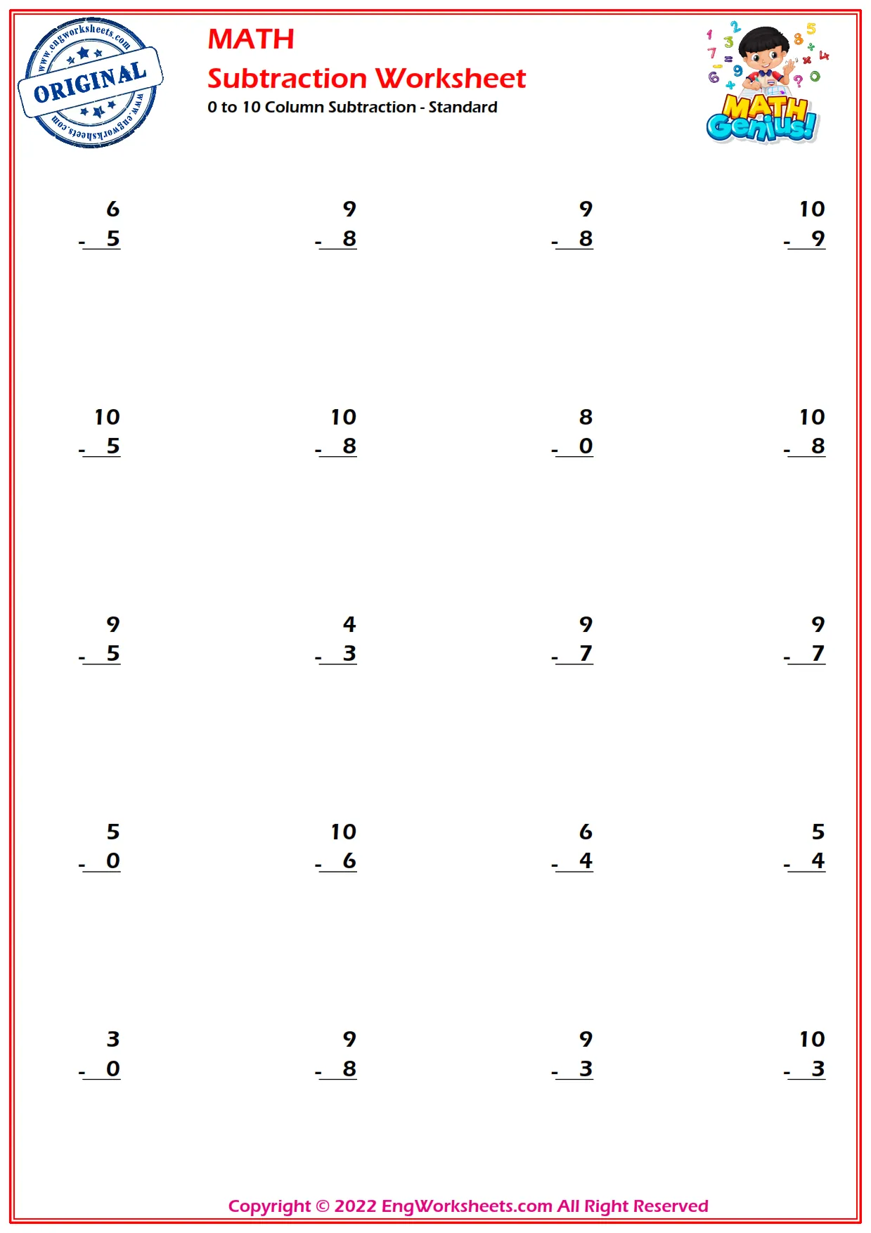 0 to 10 Column Subtraction - Standard
