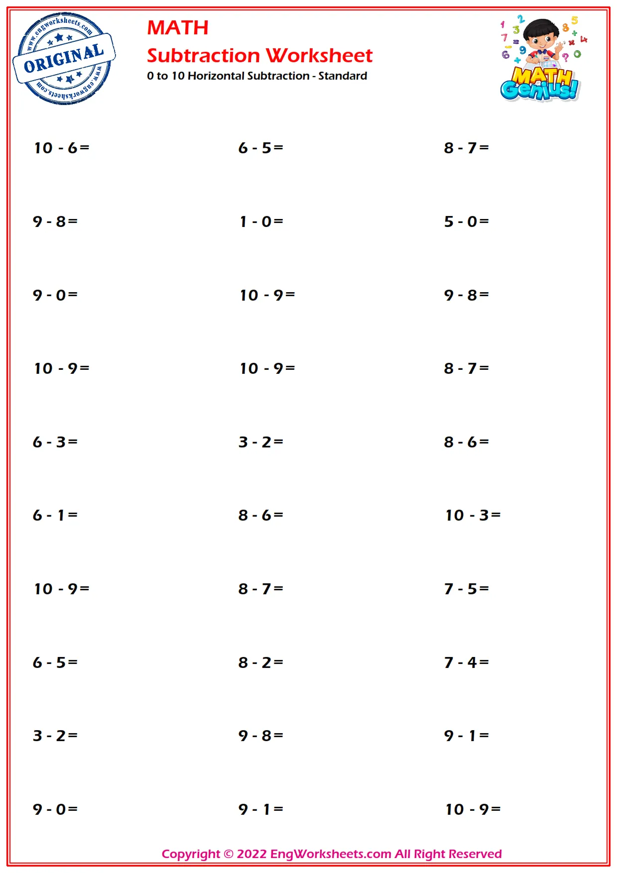 0 to 10 Horizontal Subtraction - Standard