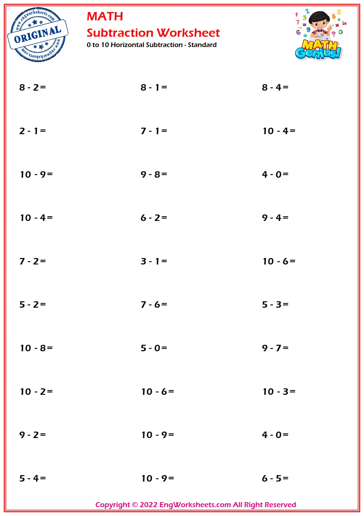 0 to 10 Horizontal Subtraction - Standard