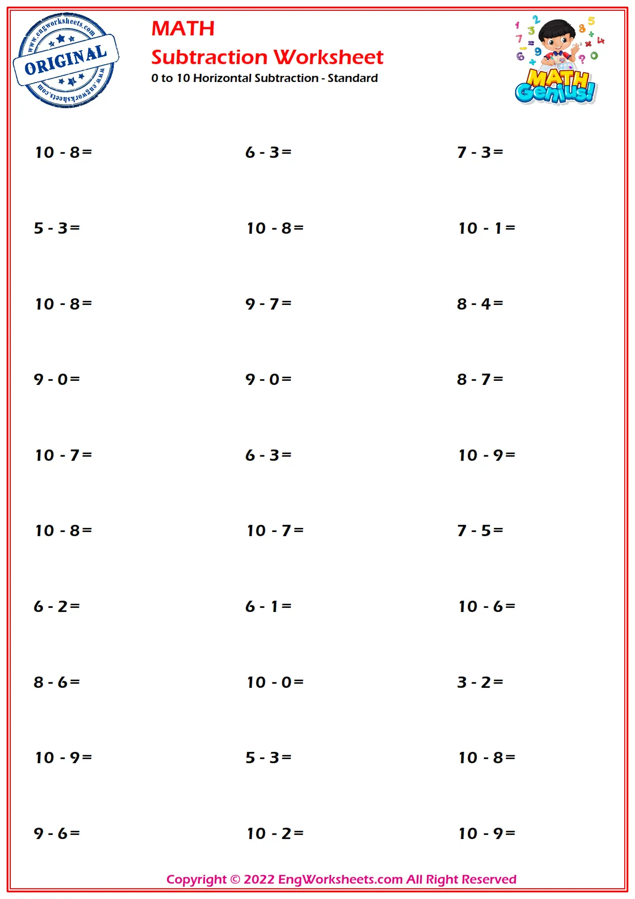 0 to 10 Horizontal Subtraction - Standard