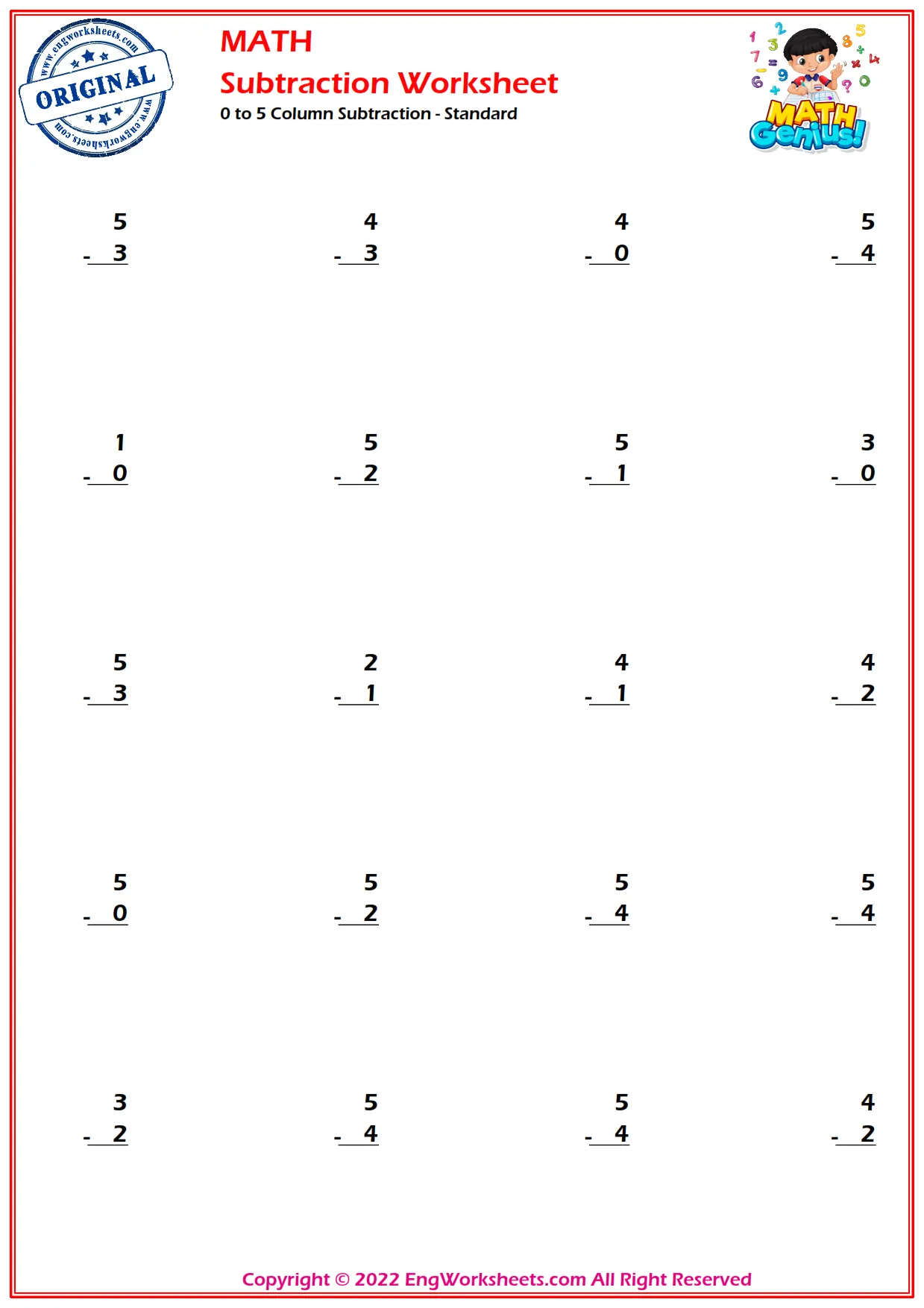 0 to 5 Column Subtraction - Standard