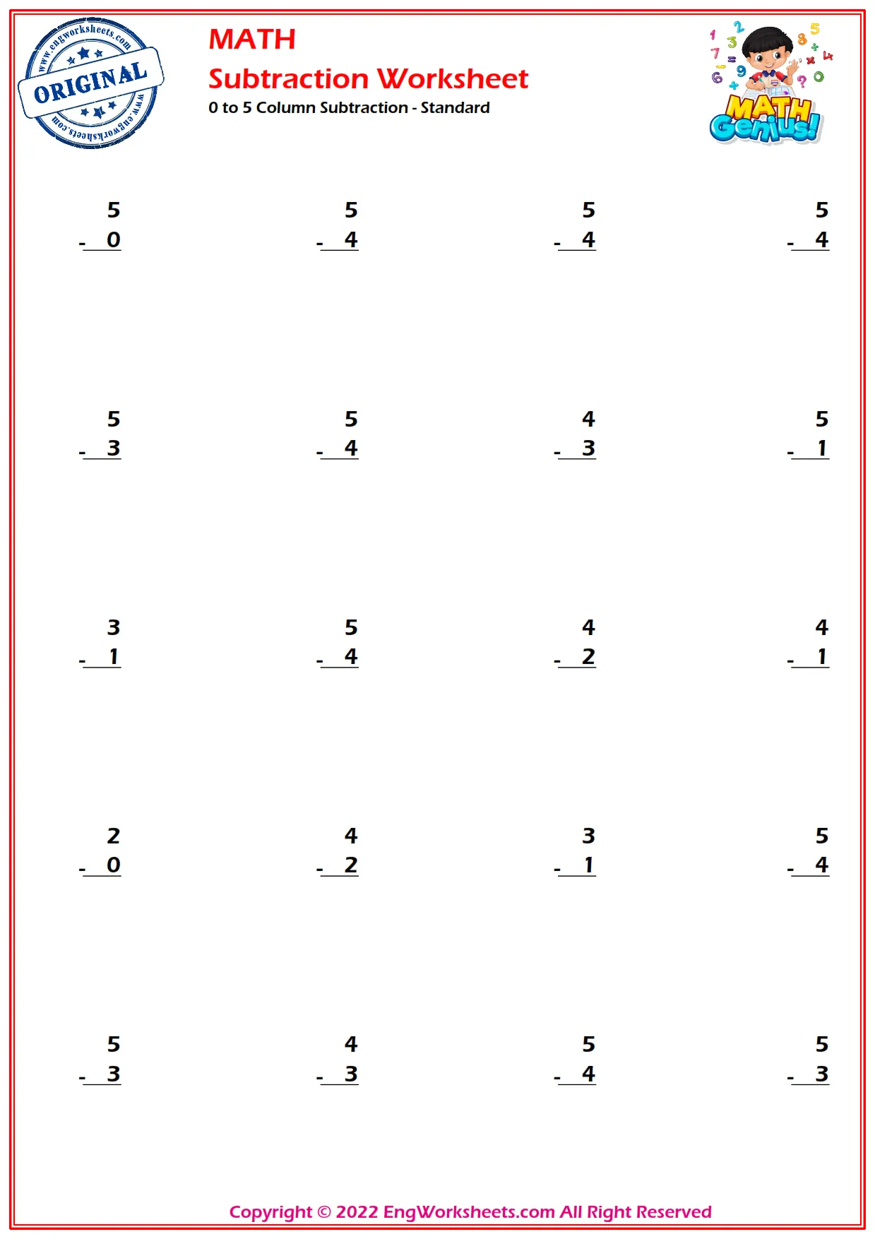0 to 5 Column Subtraction - Standard