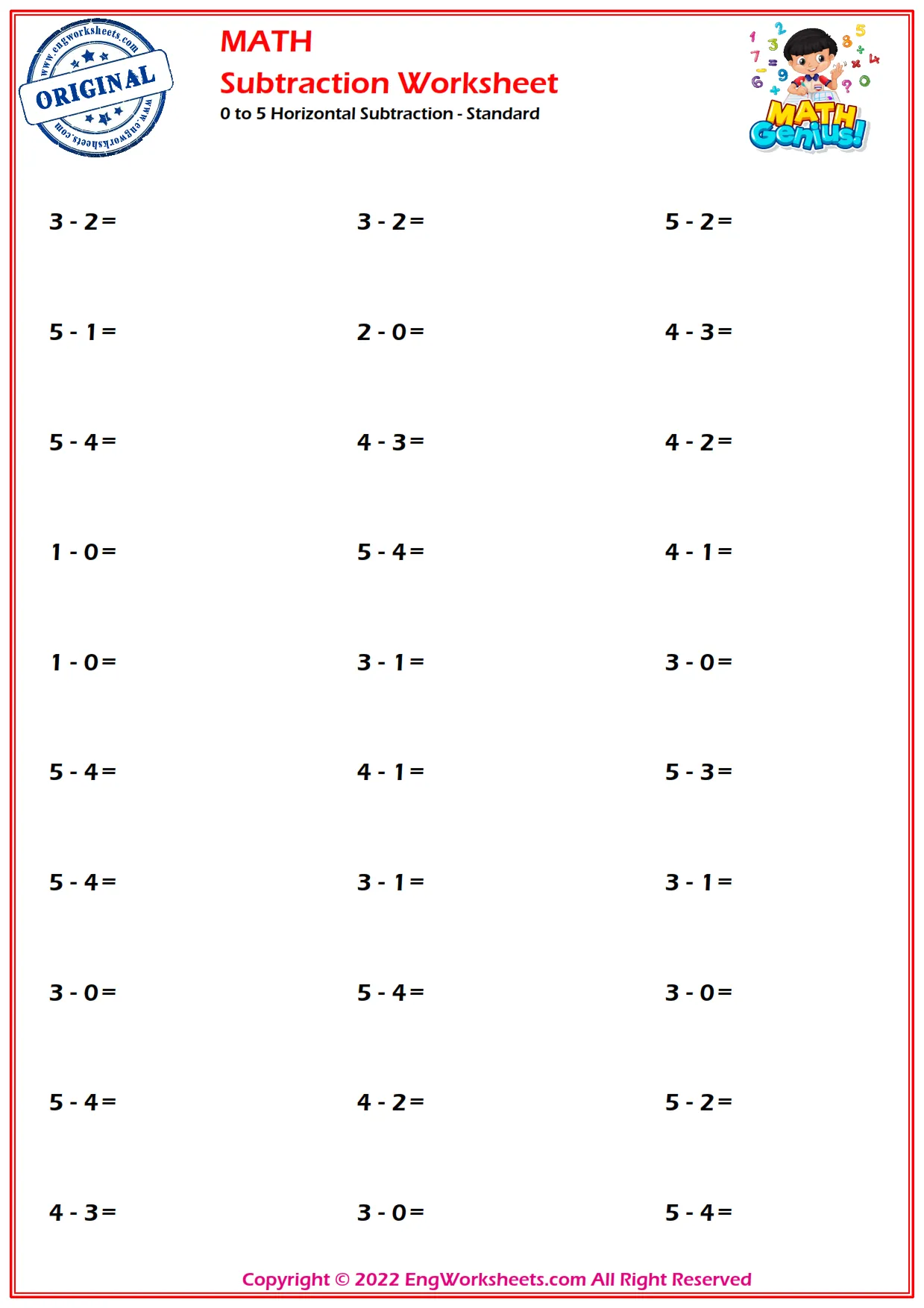 0 to 5 Horizontal Subtraction - Standard