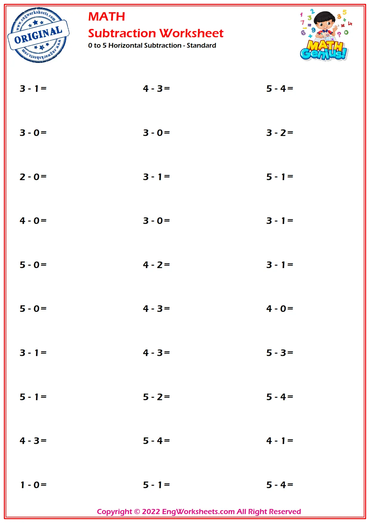 0 to 5 Horizontal Subtraction - Standard