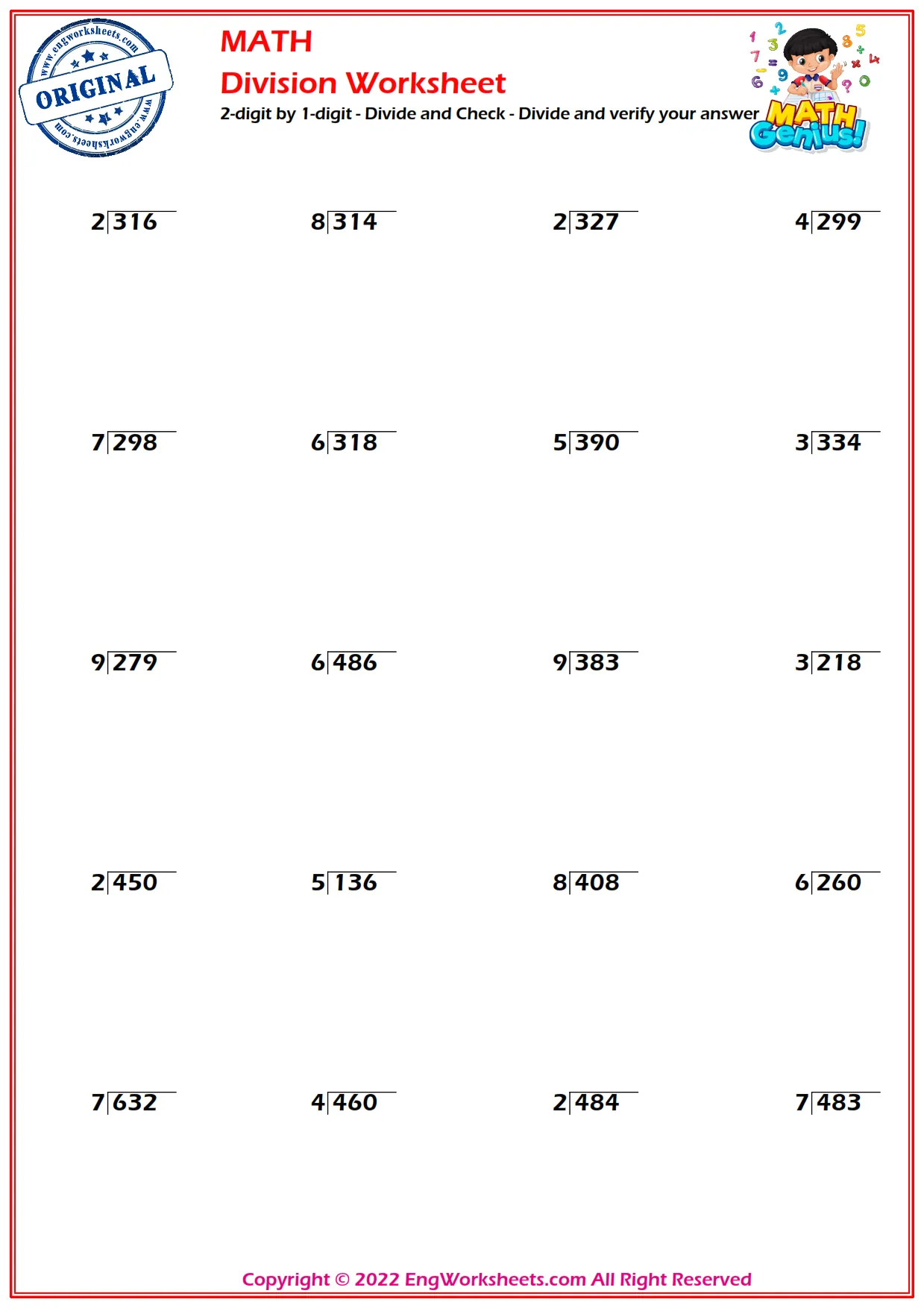 2-digit by 1-digit - Divide and Check - Divide and verify your answer