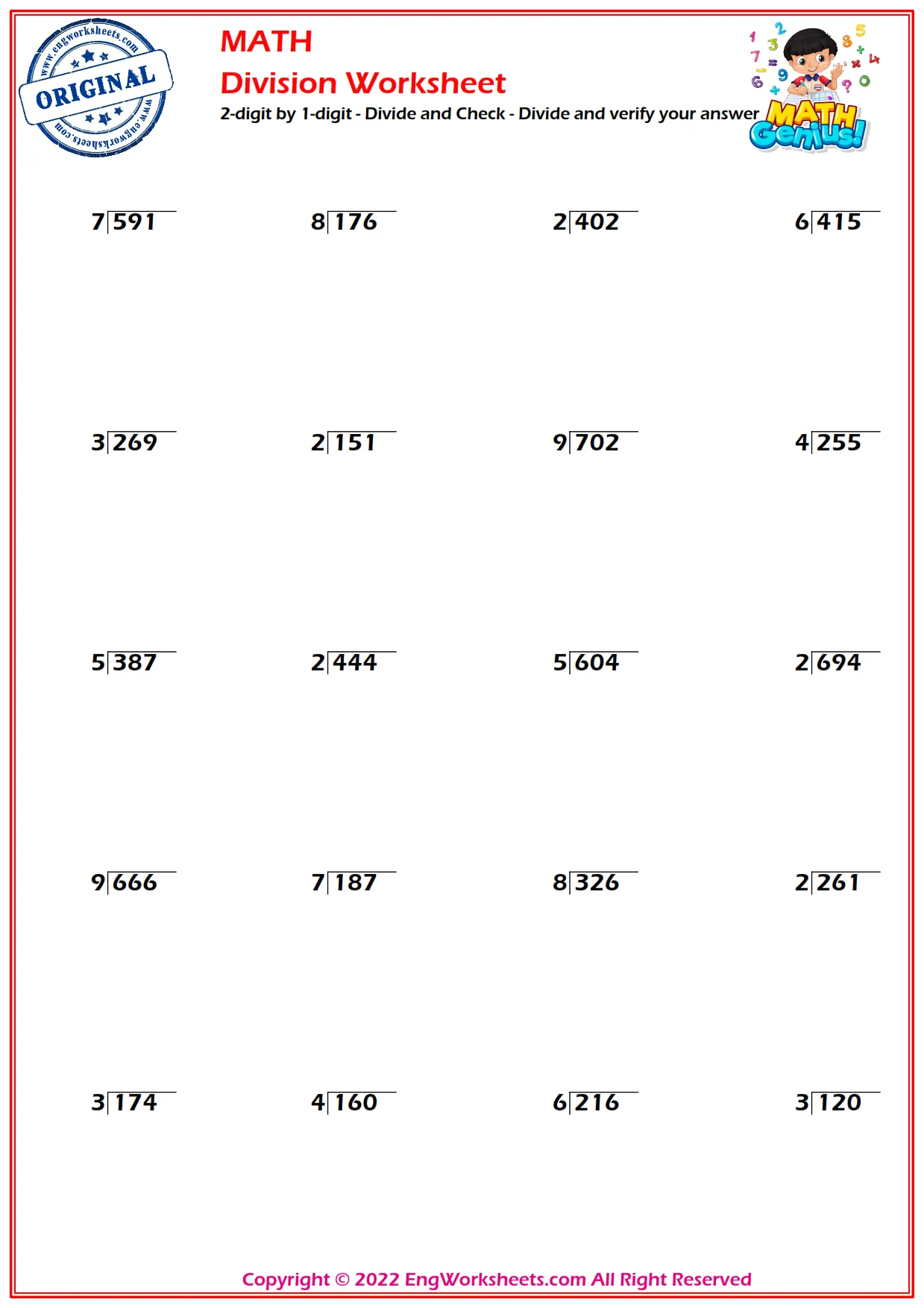 2-digit by 1-digit - Divide and Check - Divide and verify your answer