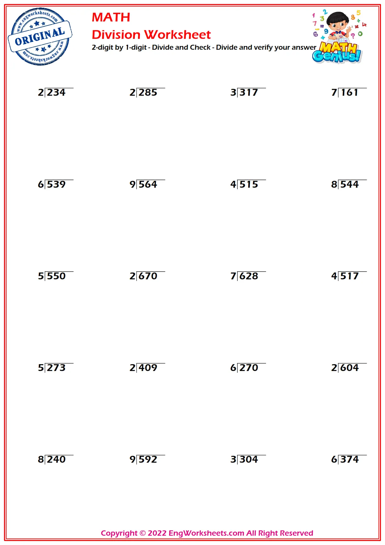 2-digit by 1-digit - Divide and Check - Divide and verify your answer