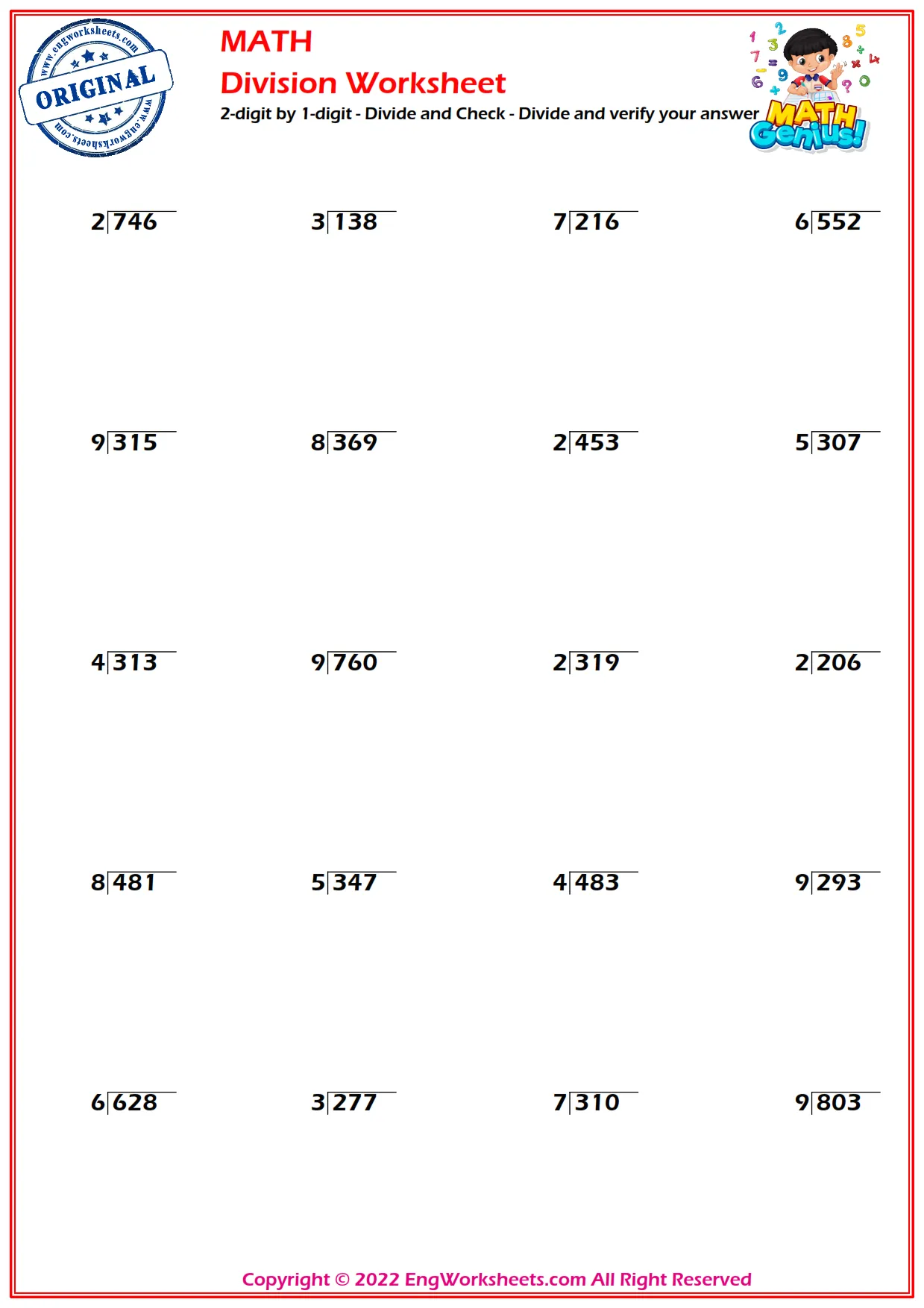2-digit by 1-digit - Divide and Check - Divide and verify your answer