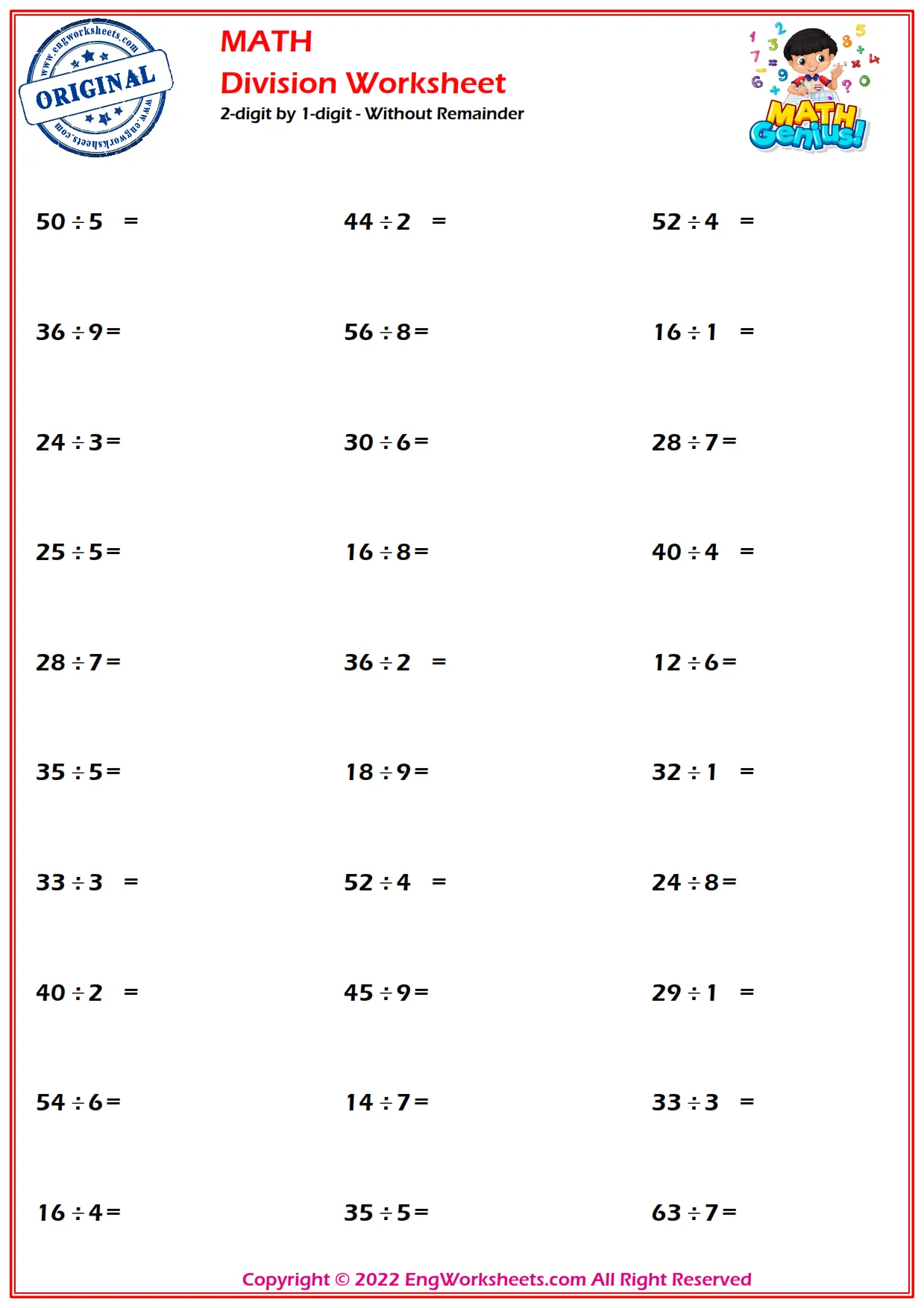 2-digit by 1-digit - Without Remainder