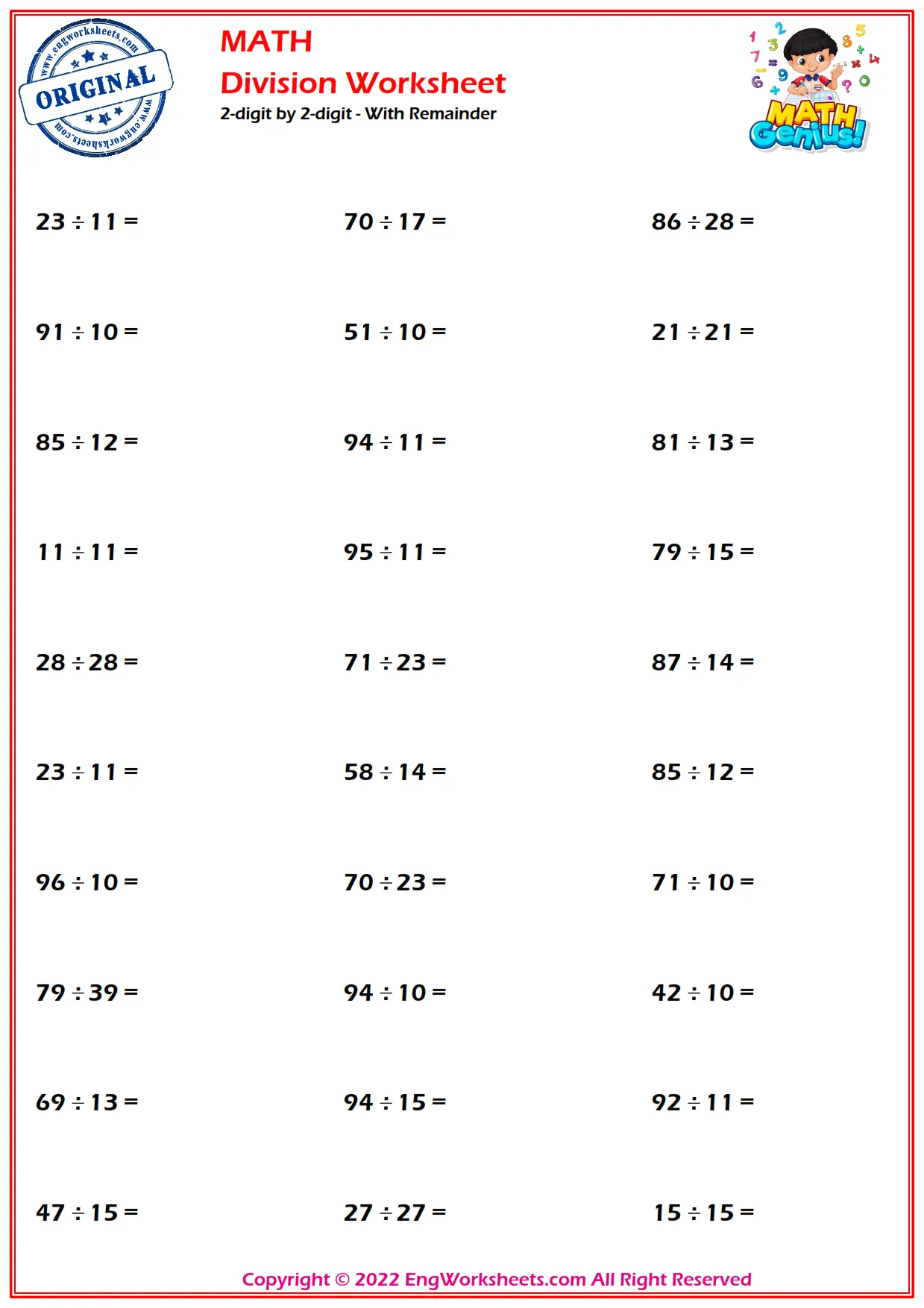 2-digit by 2-digit - With Remainder