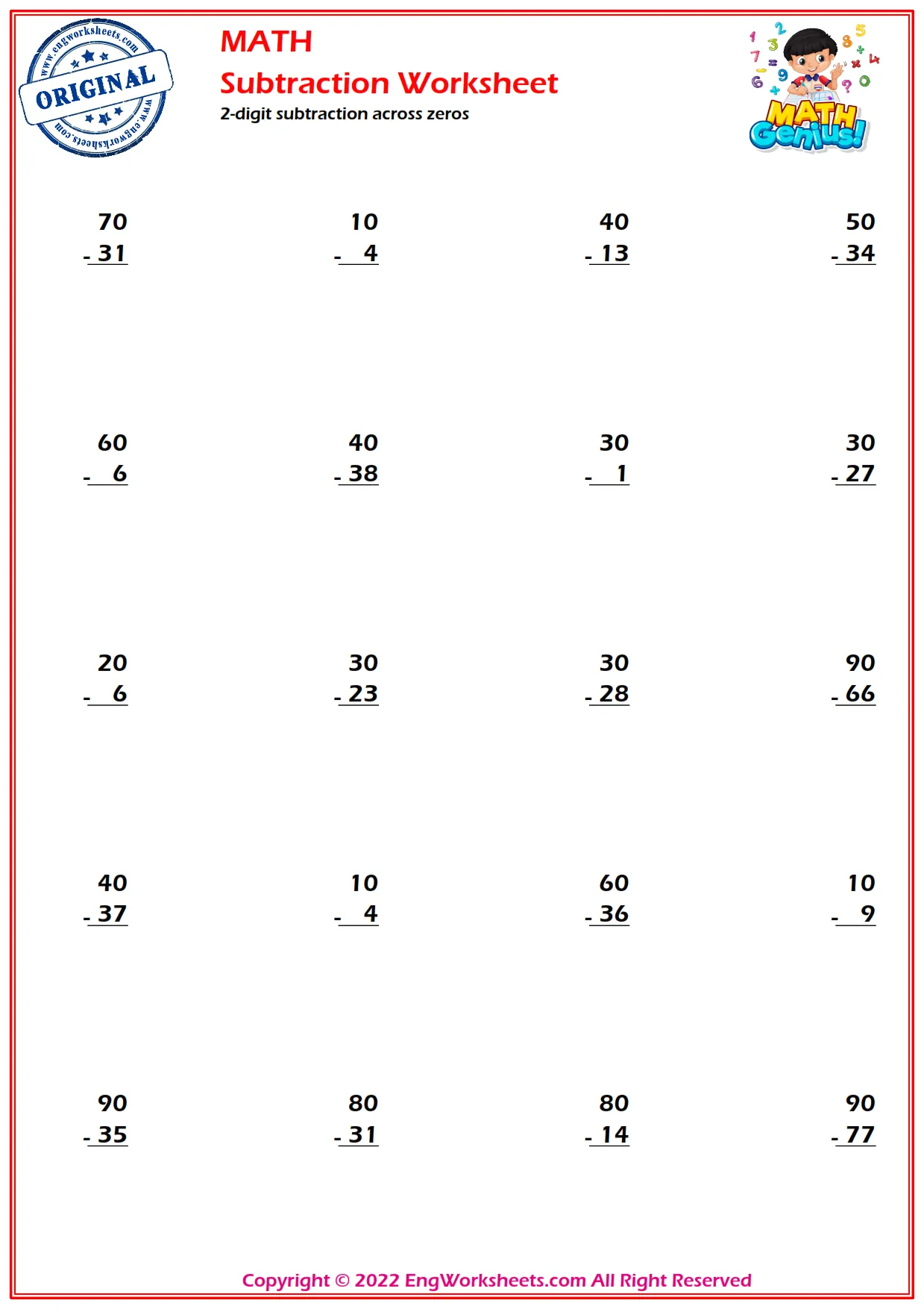 2-digit subtraction across zeros