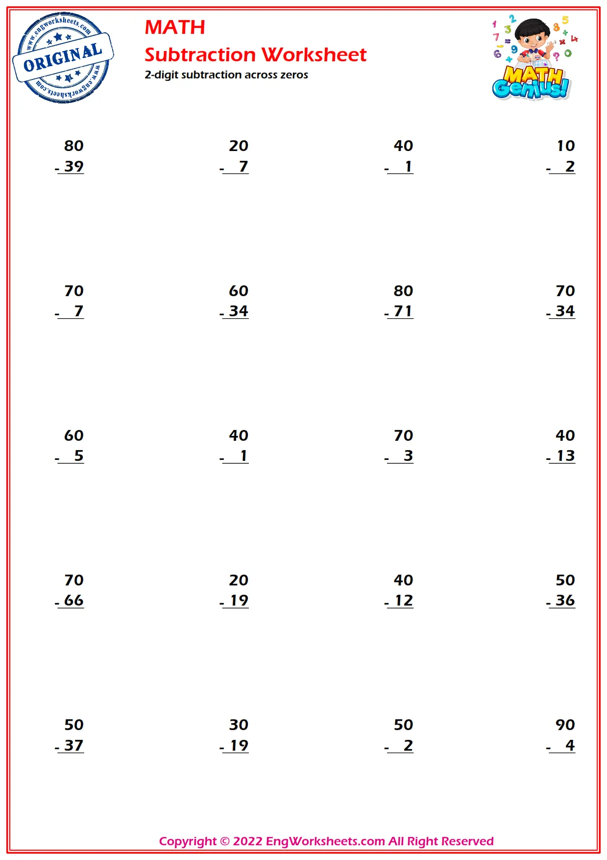 2-digit subtraction across zeros