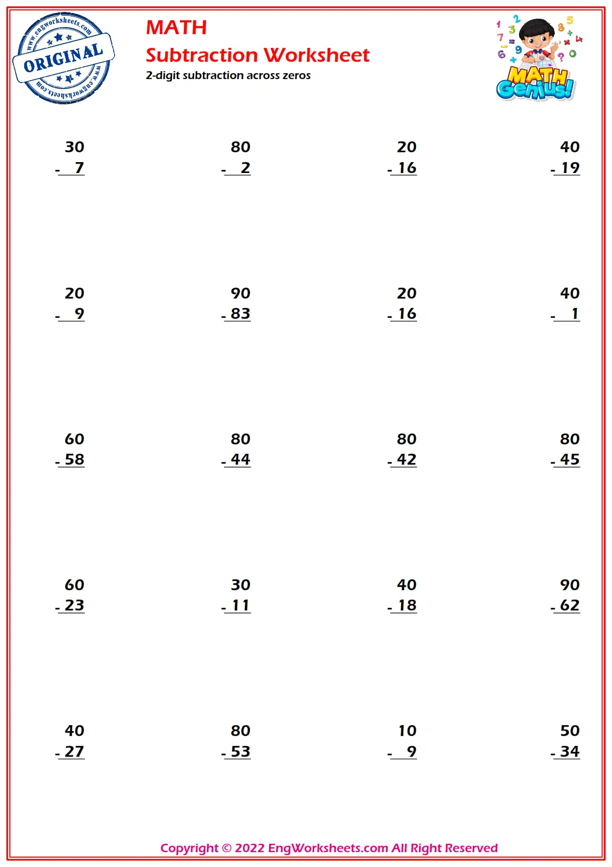 2-digit subtraction across zeros