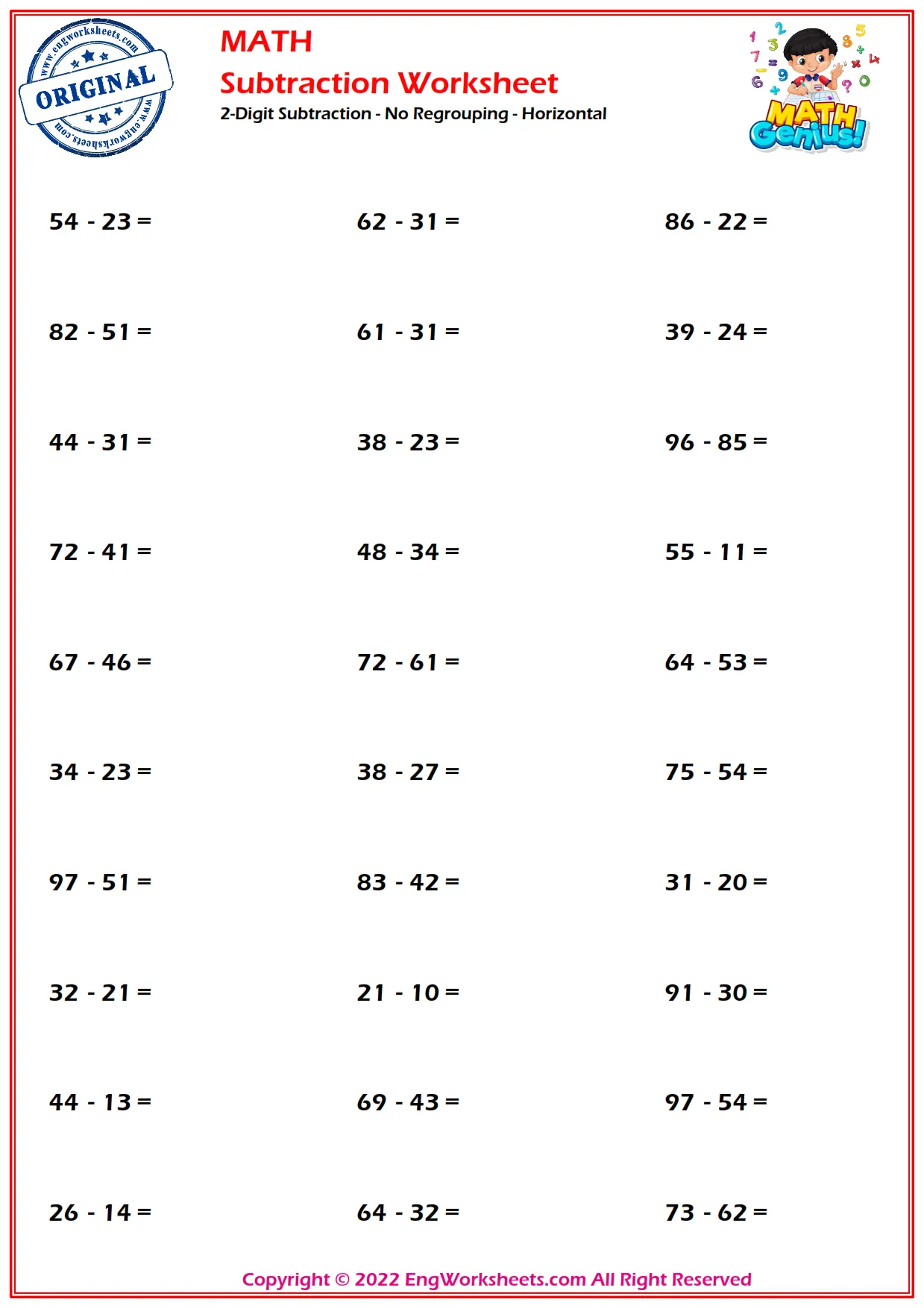 2-Digit Subtraction - No Regrouping