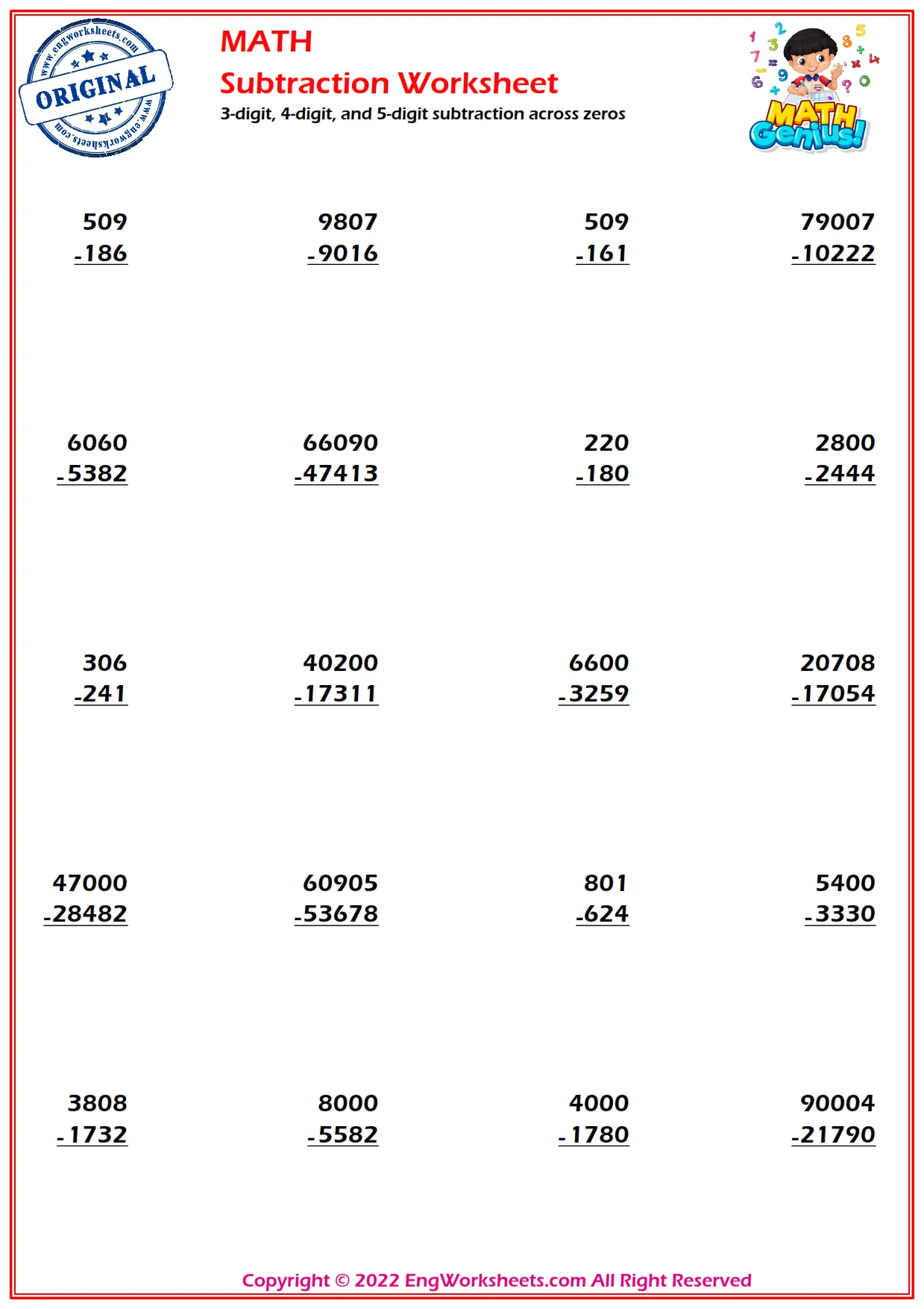 3-digit, 4-digit, and 5-digit subtraction across zeros