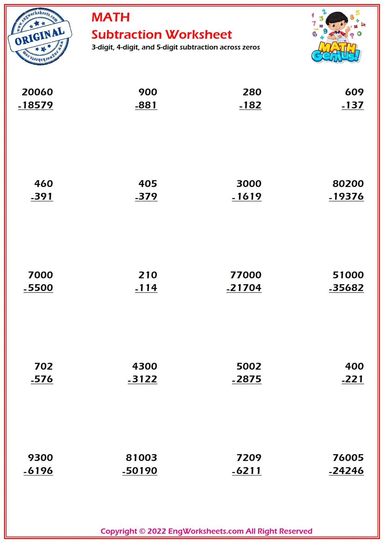 3-digit, 4-digit, and 5-digit subtraction across zeros