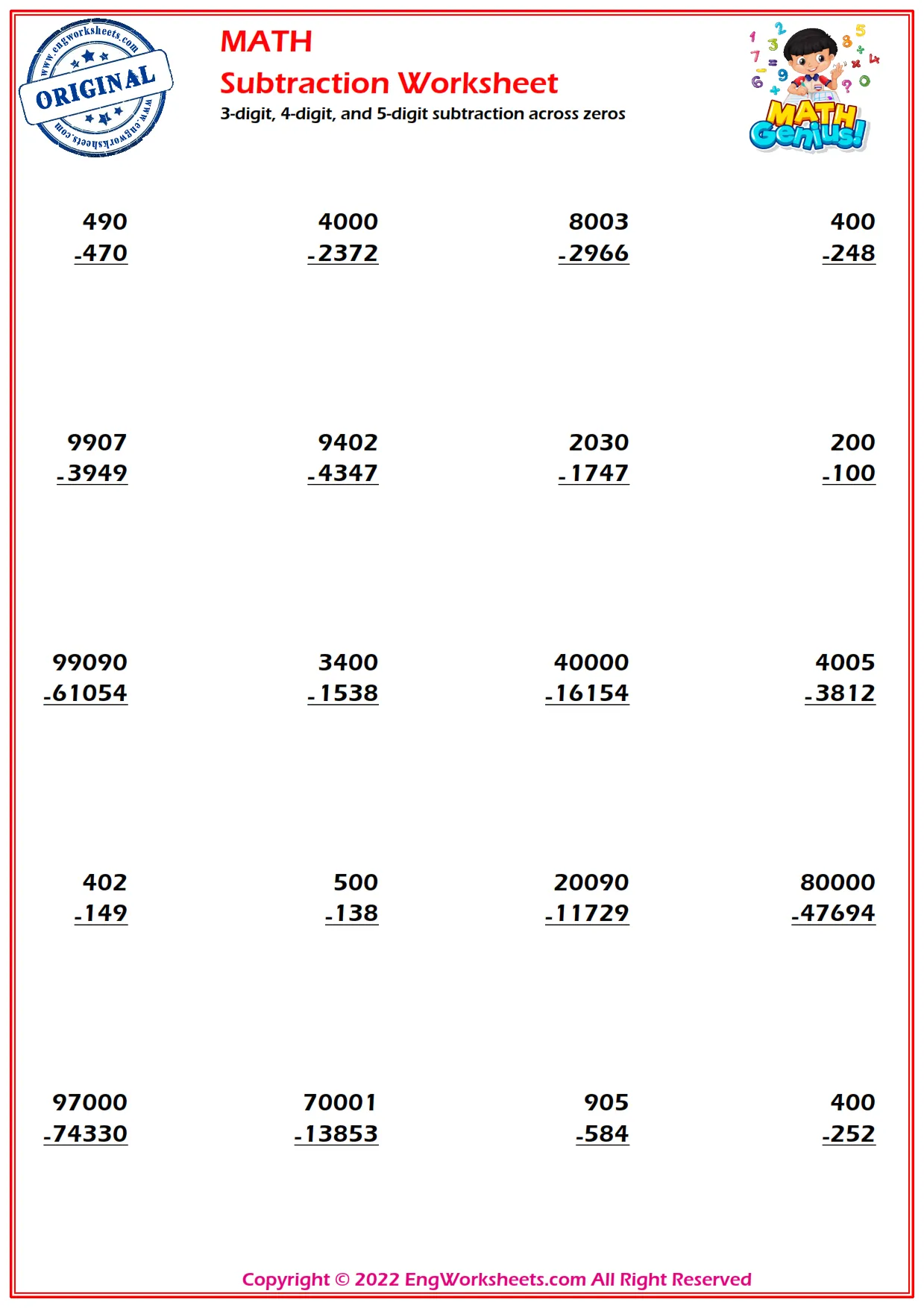 3-digit, 4-digit, and 5-digit subtraction across zeros