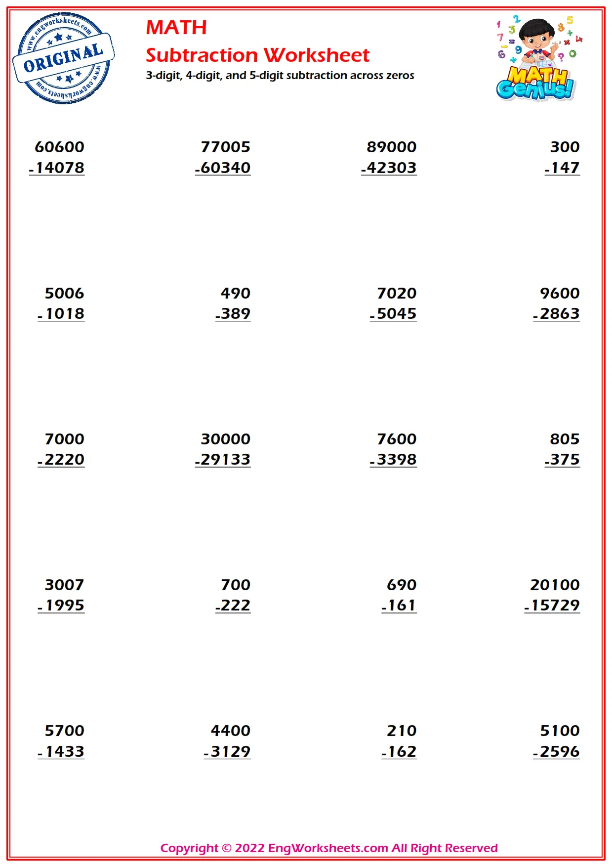 3-digit, 4-digit, and 5-digit subtraction across zeros