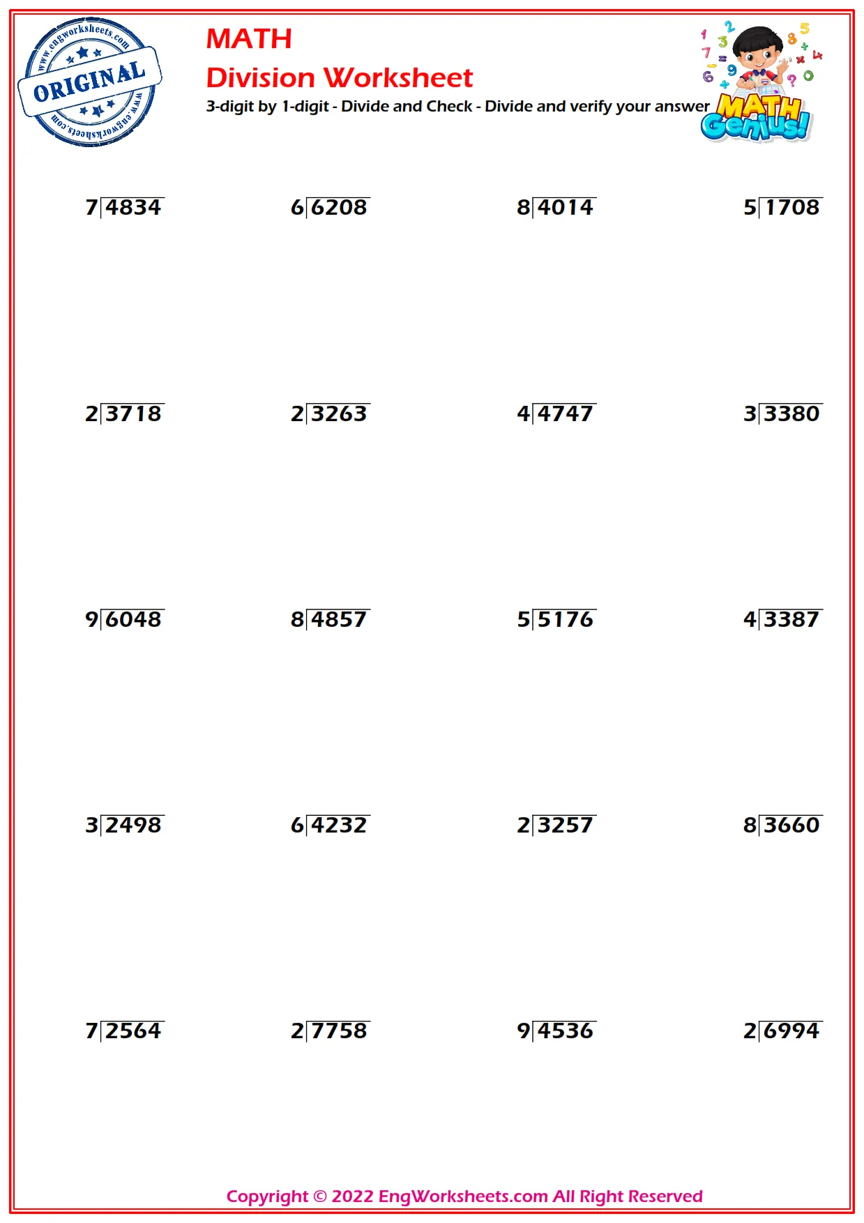 3-digit by 1-digit - Divide and Check - Divide and verify your answer