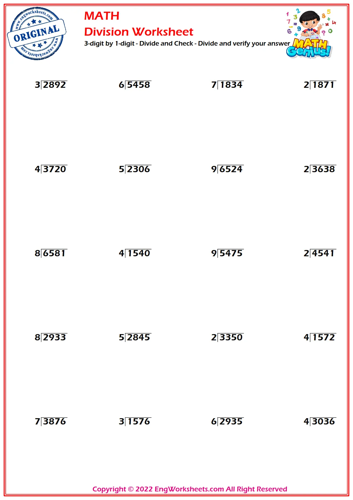 3-digit by 1-digit - Divide and Check - Divide and verify your answer