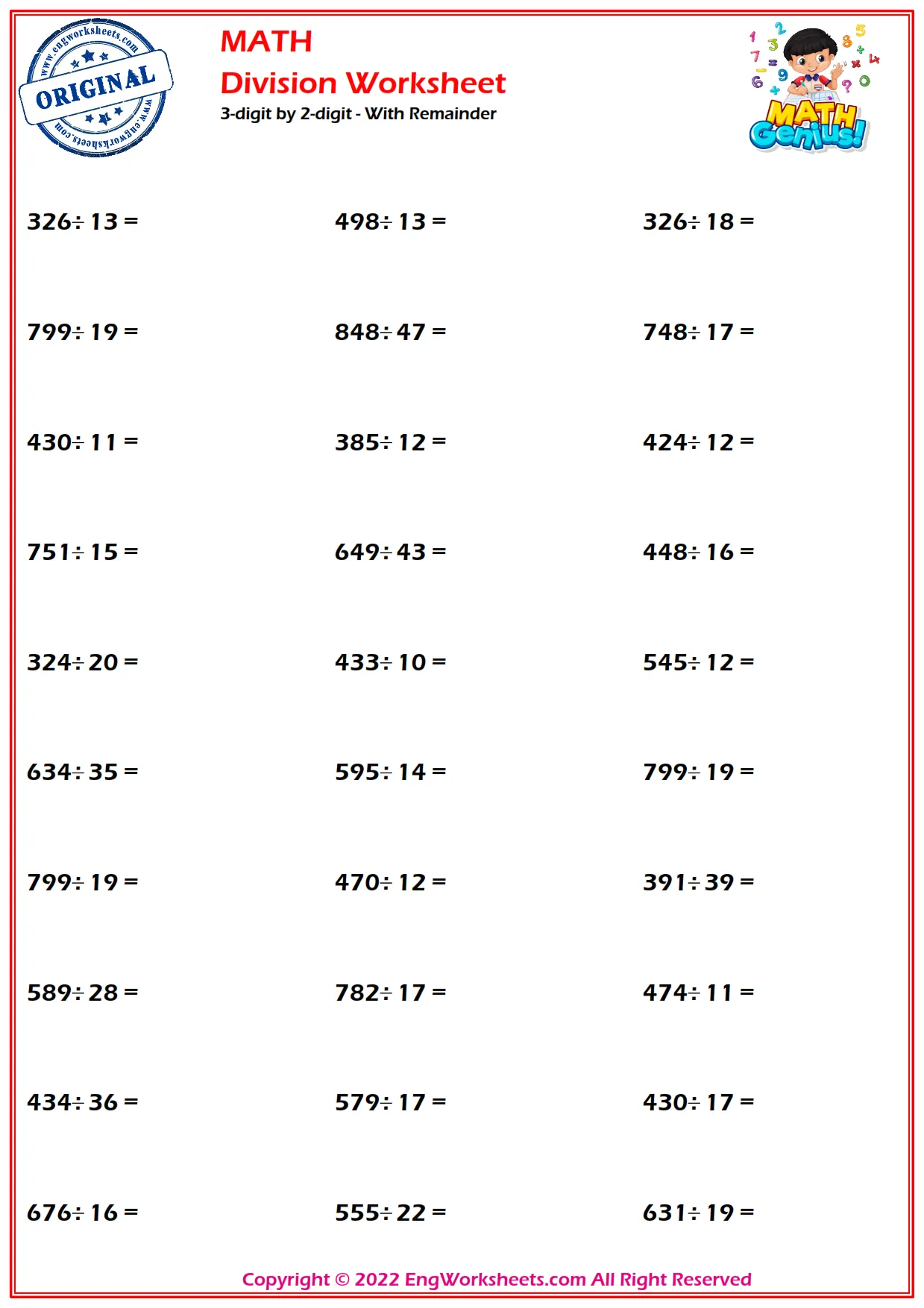 3-digit by 2-digit - With Remainder
