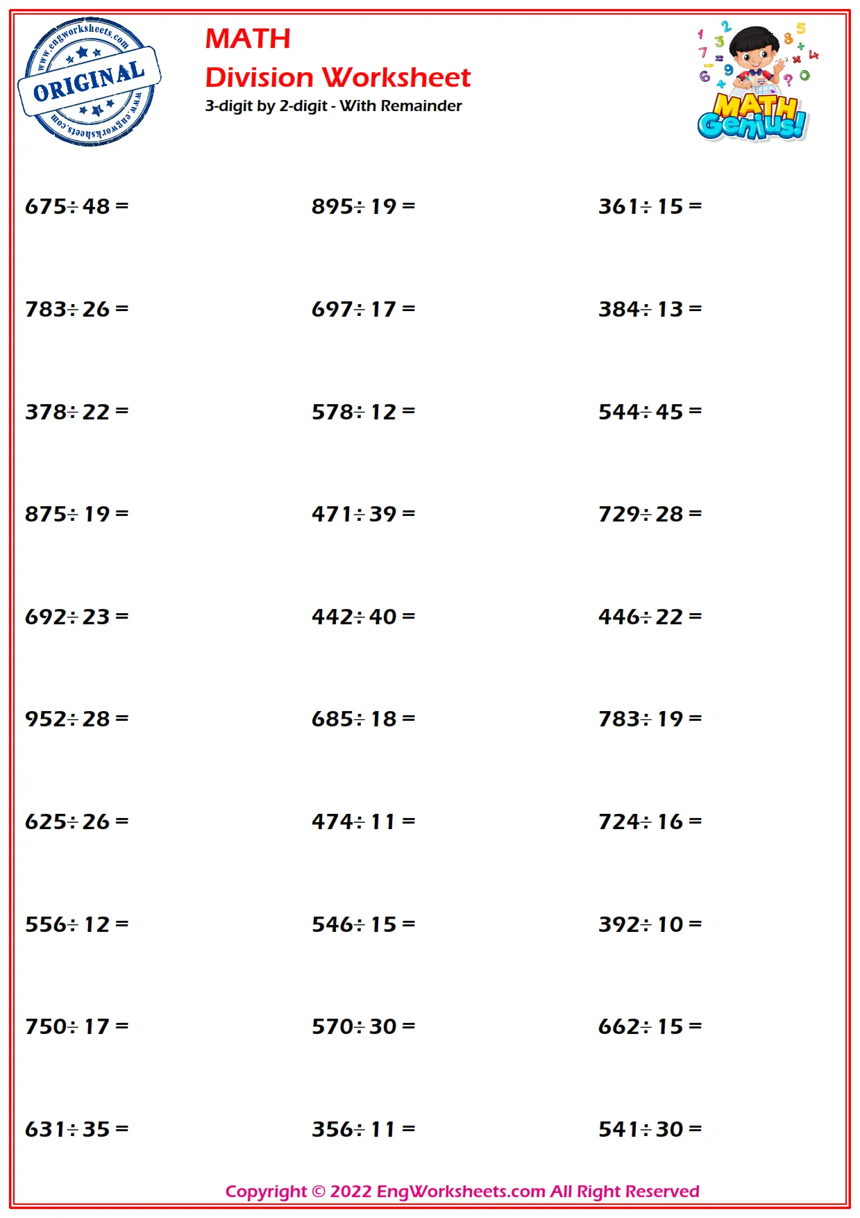 3-digit by 2-digit - With Remainder