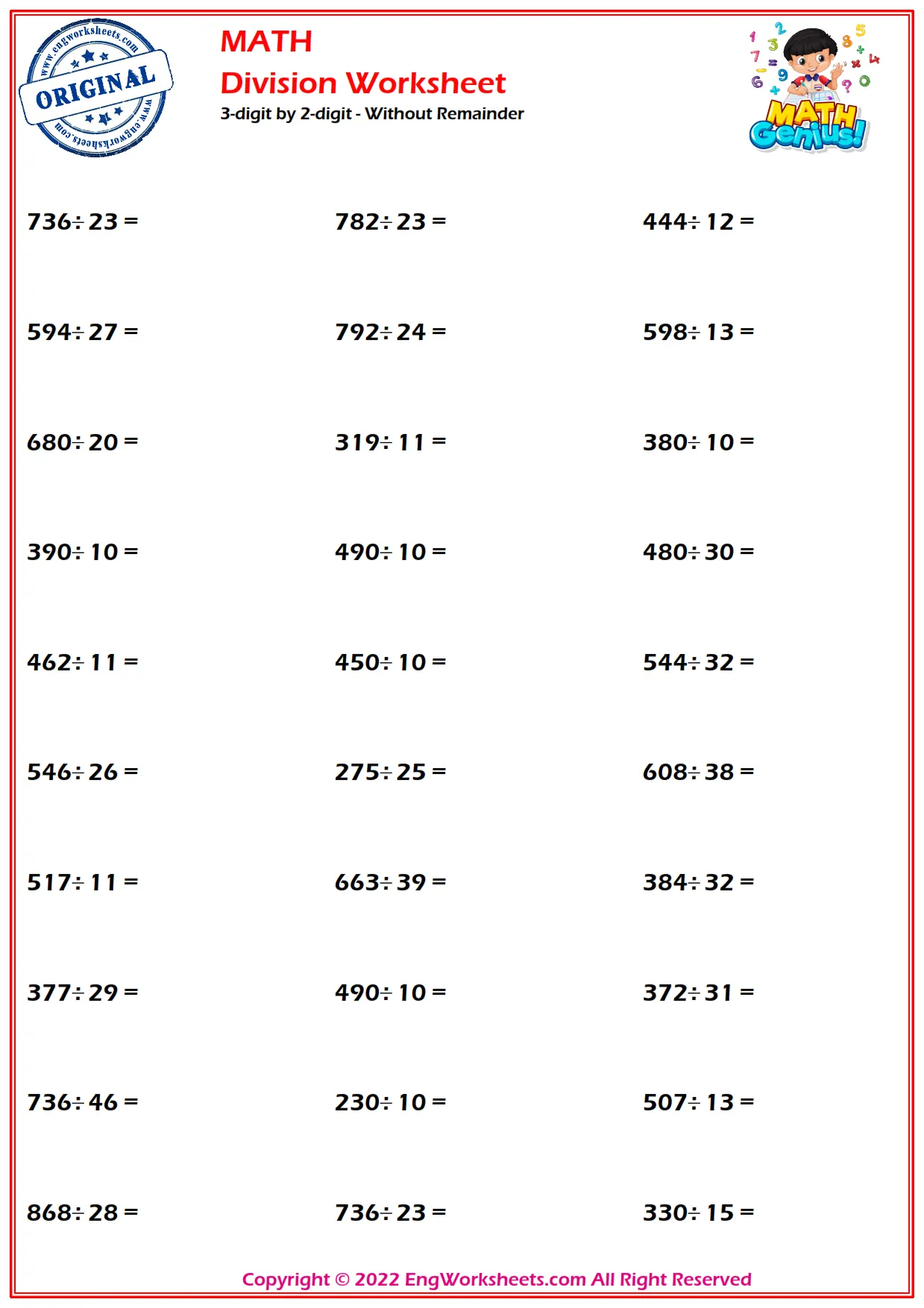 3-digit by 2-digit - Without Remainder