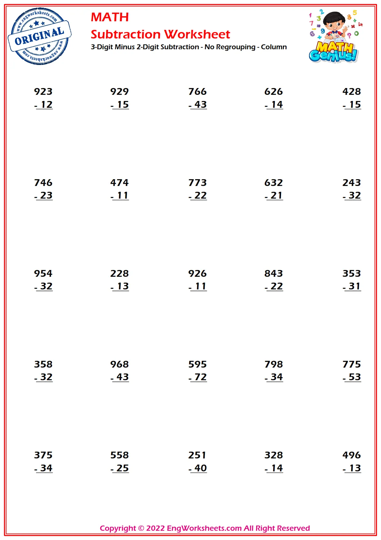 3-Digit Minus 2-Digit Subtraction - No Regrouping - Column