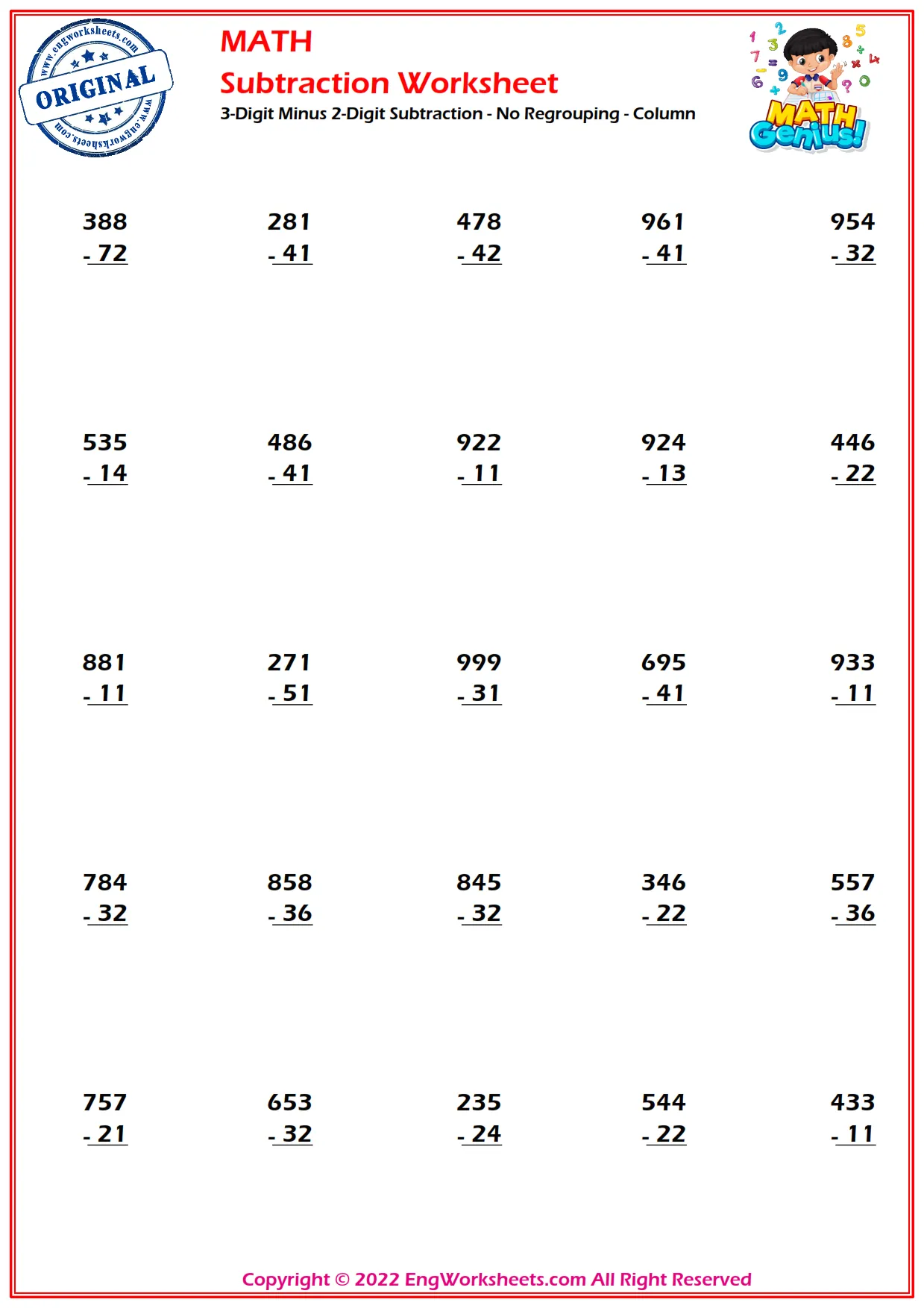3-Digit Minus 2-Digit Subtraction - No Regrouping - Column