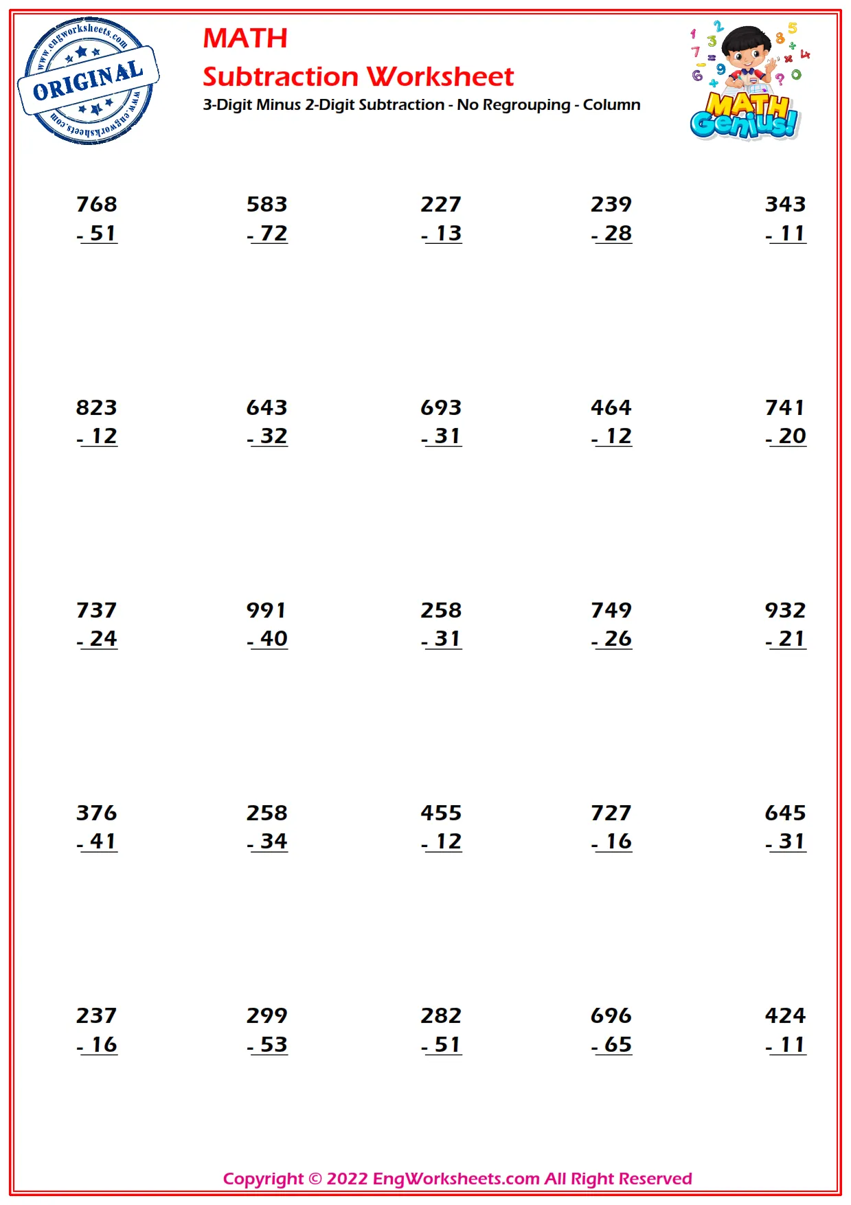 3-Digit Minus 2-Digit Subtraction - No Regrouping - Column
