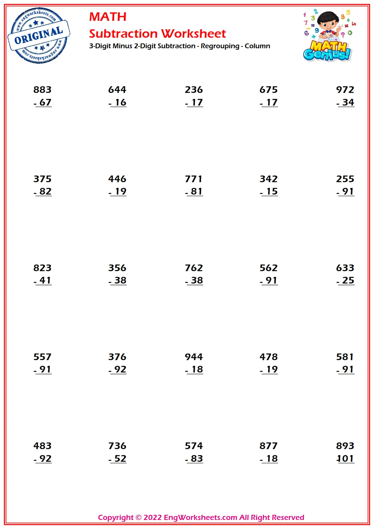3-Digit Minus 2-Digit Subtraction - Regrouping - Column