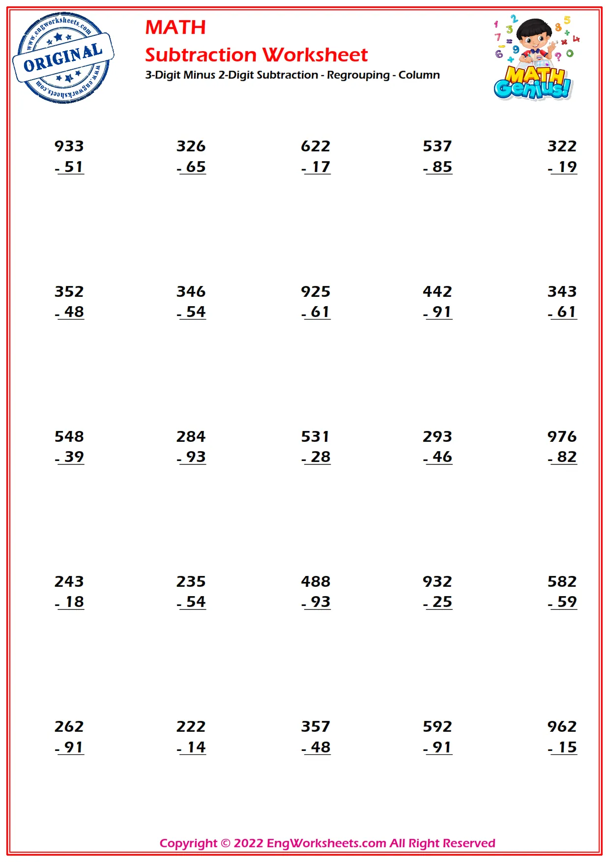 3-Digit Minus 2-Digit Subtraction - Regrouping - Column