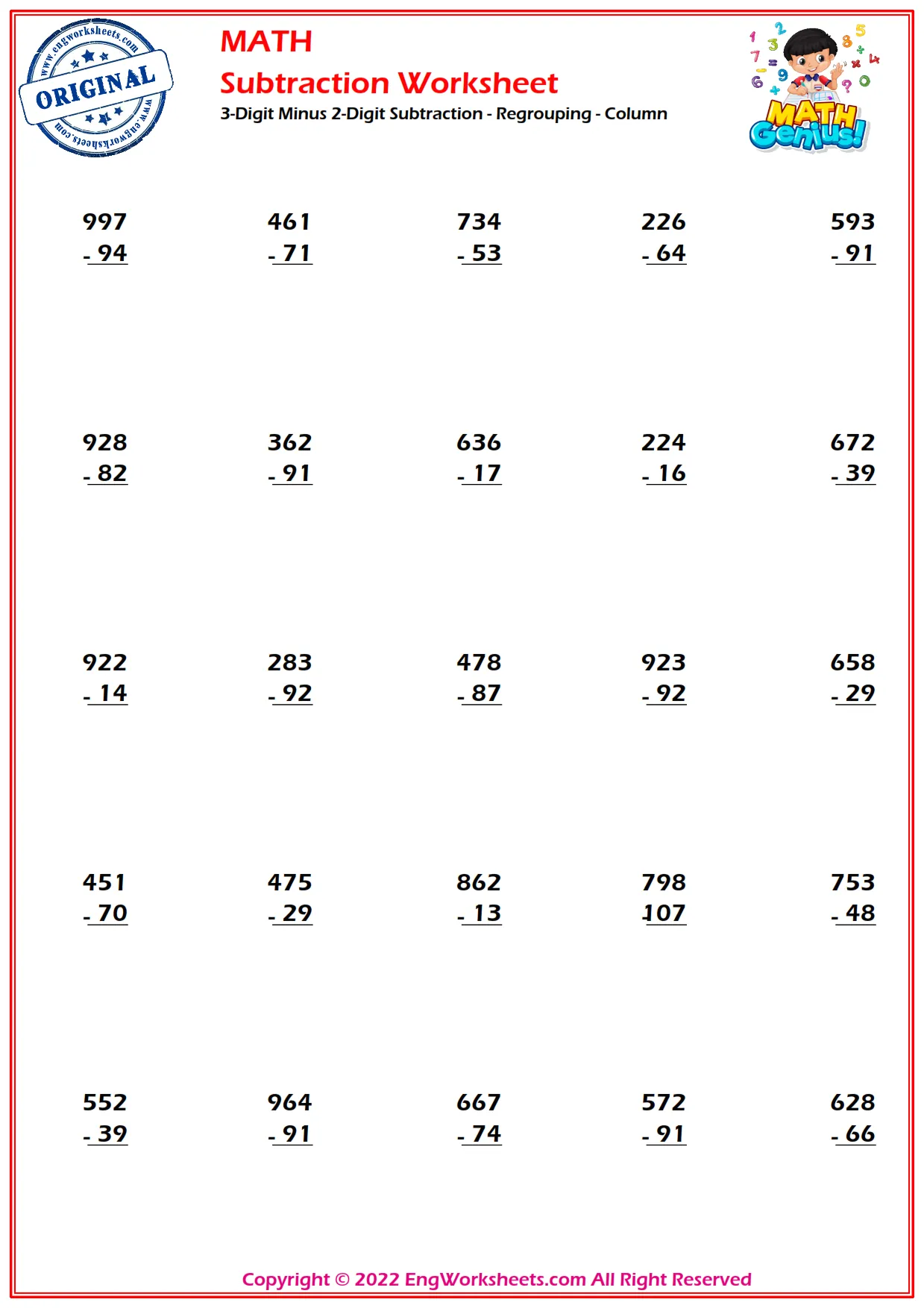 3-Digit Minus 2-Digit Subtraction - Regrouping - Column