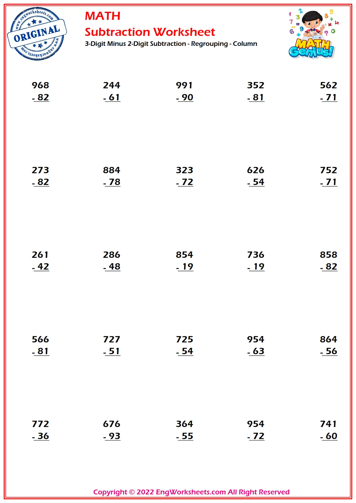 3-Digit Minus 2-Digit Subtraction - Regrouping - Column