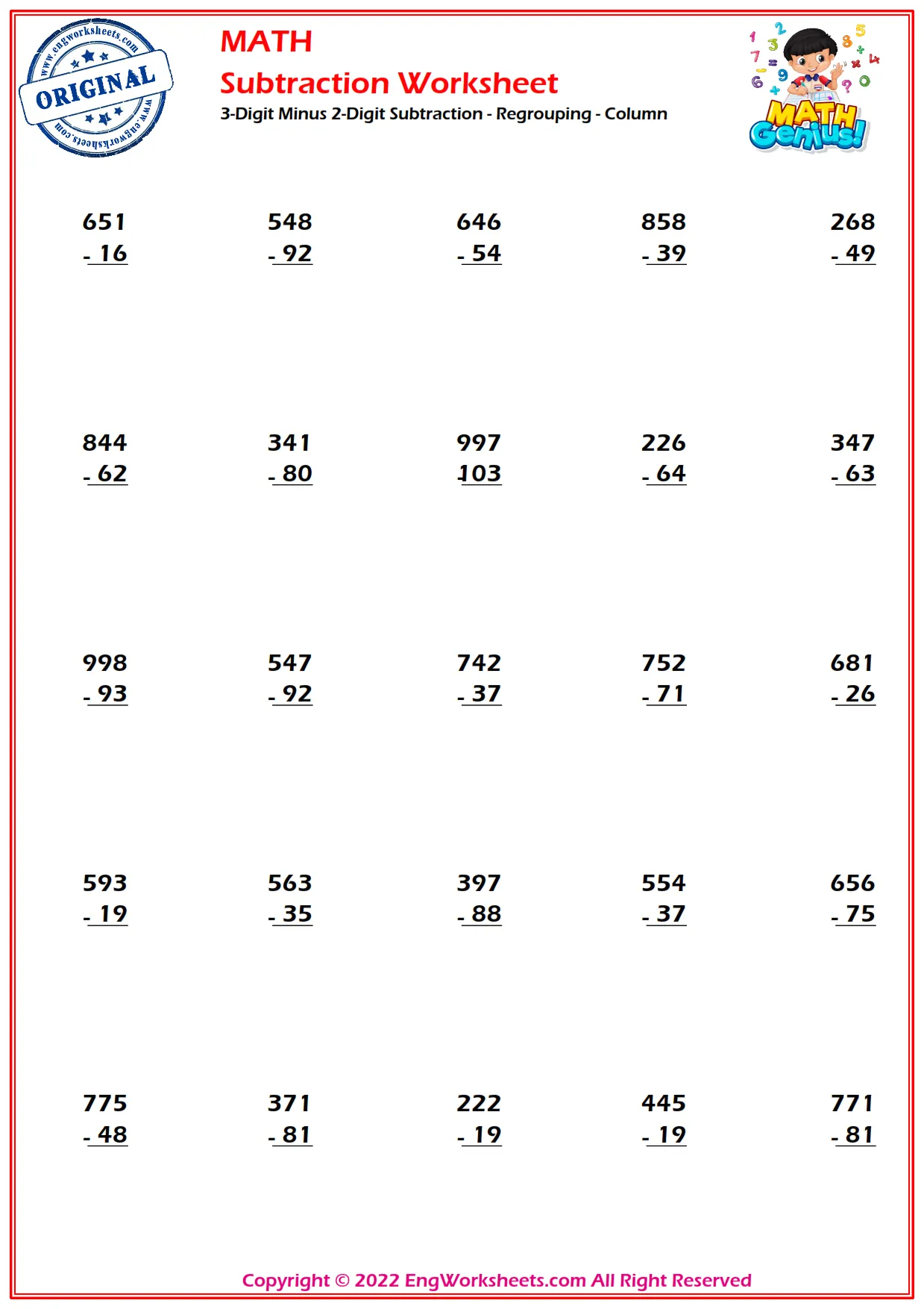 3-Digit Minus 2-Digit Subtraction - Regrouping - Column