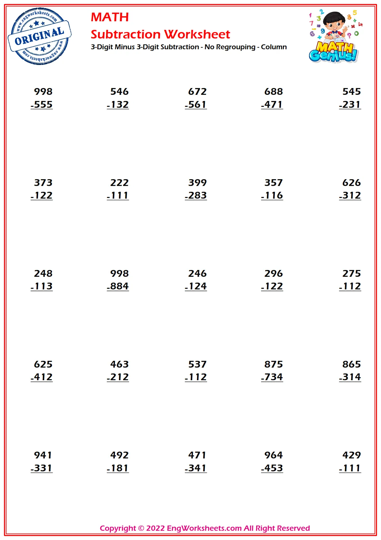 3-Digit Minus 3-Digit Subtraction - No Regrouping - Column