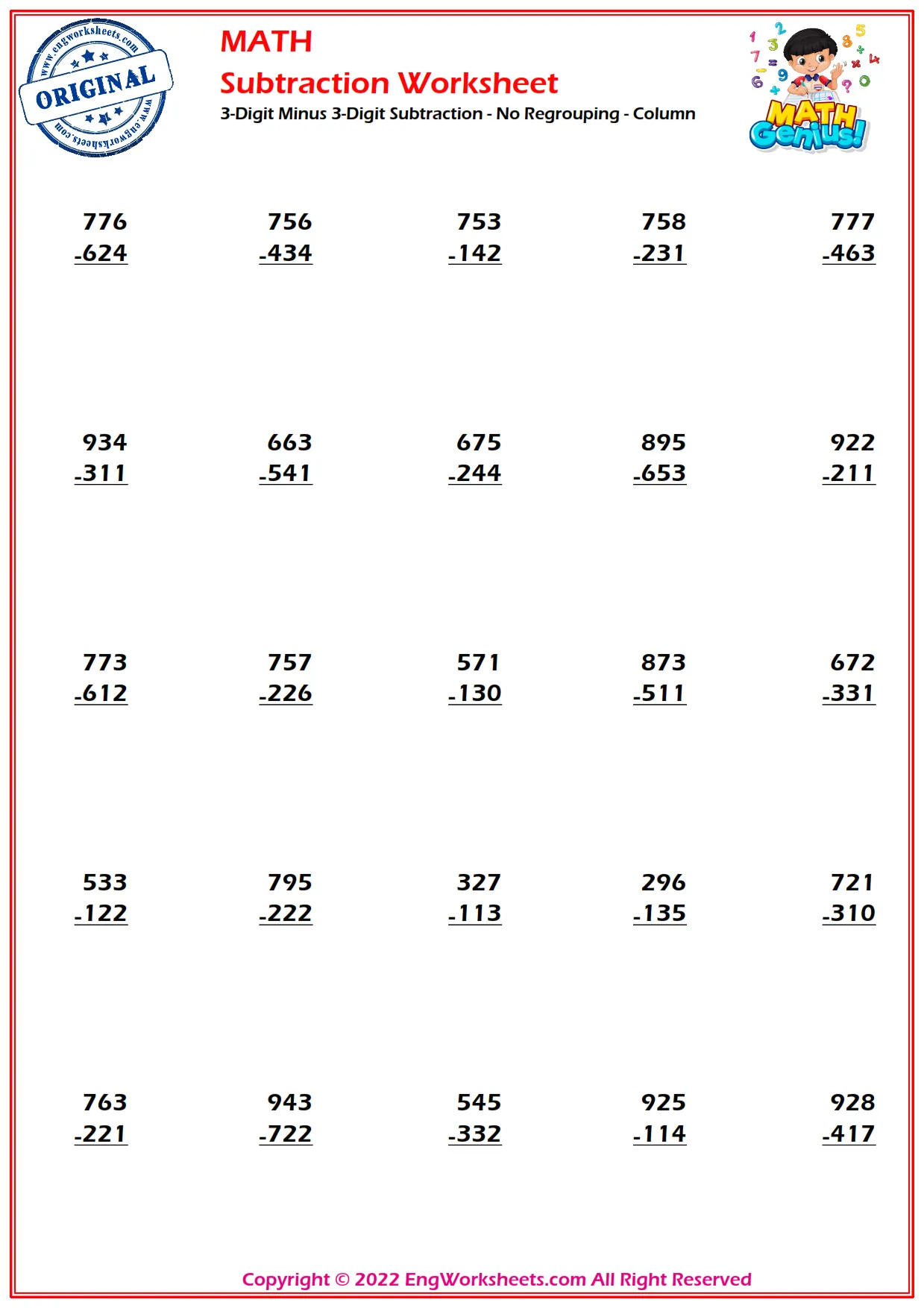 3-Digit Minus 3-Digit Subtraction - No Regrouping - Column