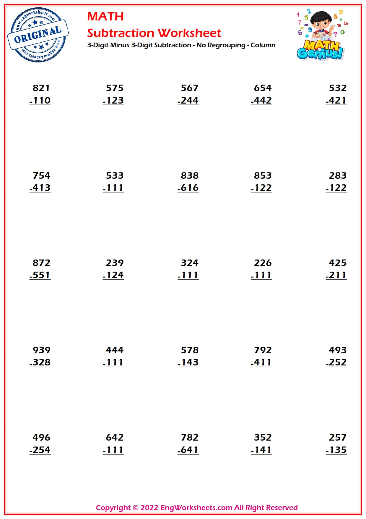 3-Digit Minus 3-Digit Subtraction - No Regrouping - Column